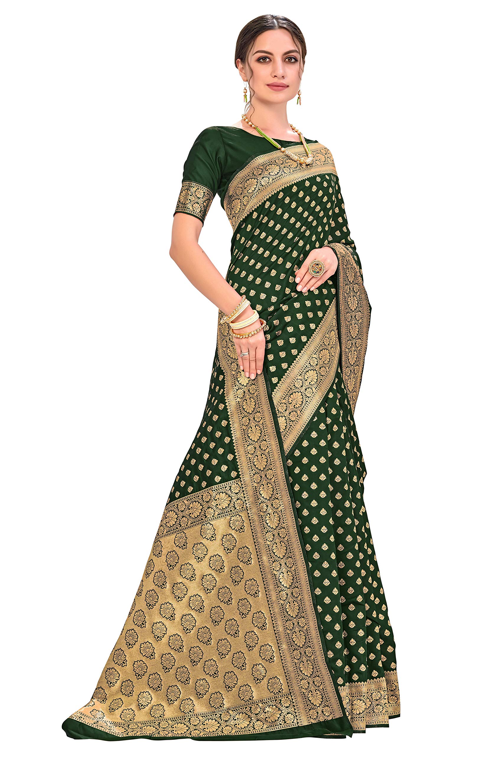 Glory Sarees Women's Woven Pure Soft Kanjivaram Silk Saree Banarasi Style With Blouse Piece for Wedding (kara128_darkgreen_Dark Green) 1