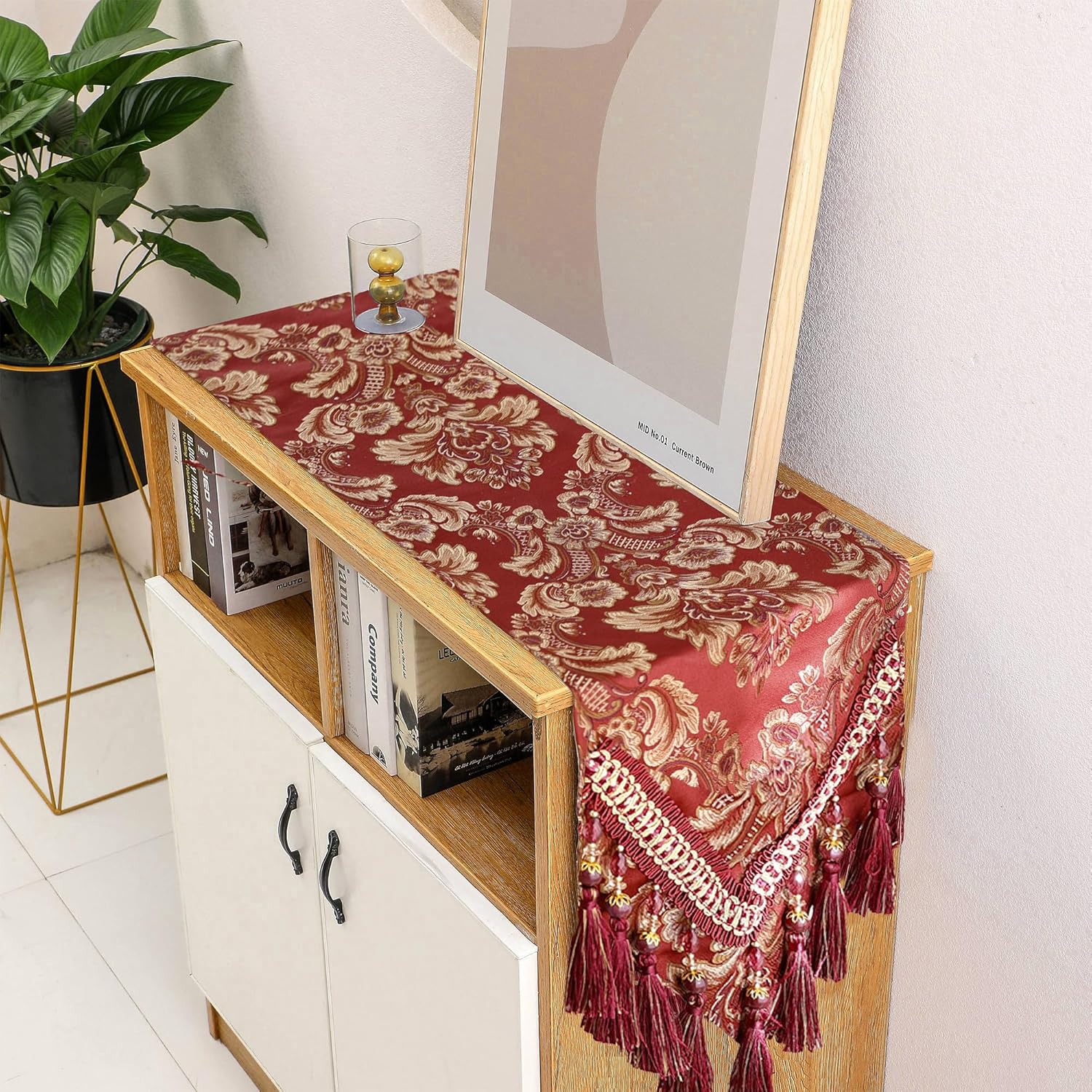 Luxury Vintage Table Runner Embroidery Jacquard Fabric with Multi-Tassels Table Runners for Dining Room Dresser Wedding Holiday Party Fireplace Decorations-Burgundy, 13x70 inch