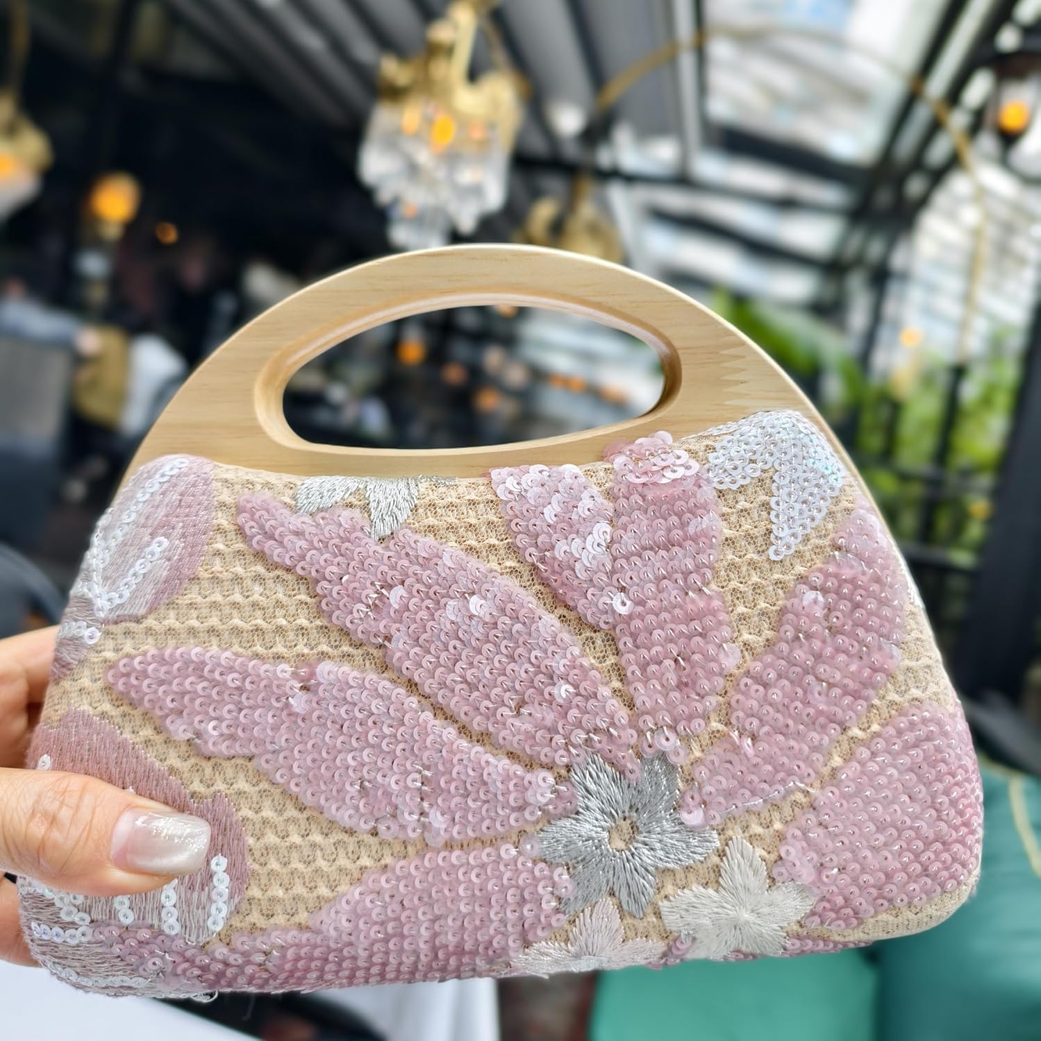Sequin Clutch Bag for Women, Blue Floral Embroidered Evening Purse with Wooden Base, Top Handle & Removable Chain