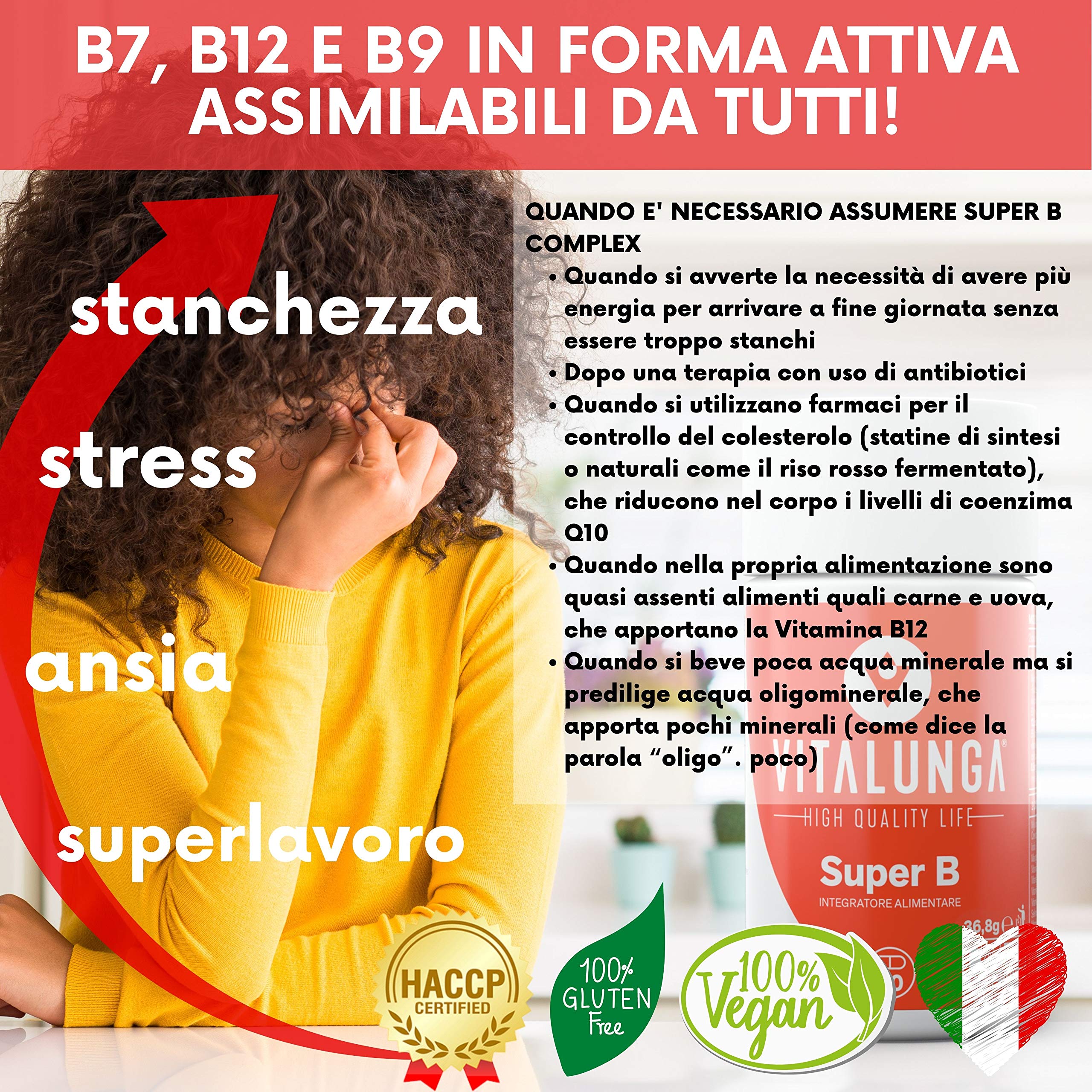 Vitamina B Complex + Coenzima Q10 - Altissimo Dosaggio di Vitamina B12, B1, B2, B3, B5, B6, B7, B8, B9, Q10 e Minerali 60 Capsule 100% Vegan Vitalunga