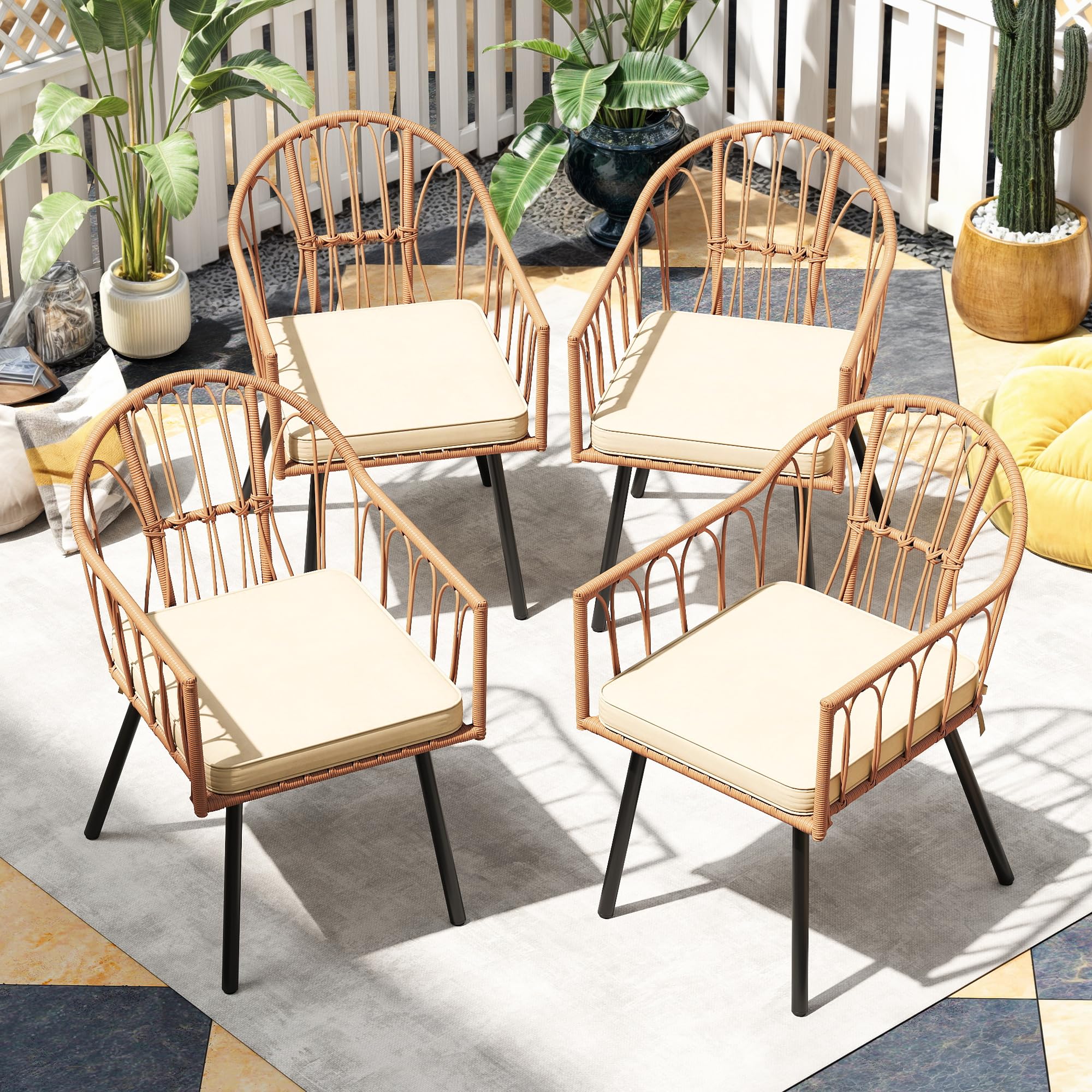 YITAHOME Bistro Chairs Set of 4 Rattan Outdoor Dining Chairs with Arms & Cushions Woven Rattan Chair with Curved Backrest All-Weather Wicker Patio Dining Chair for Patio or Restaurant, Beige