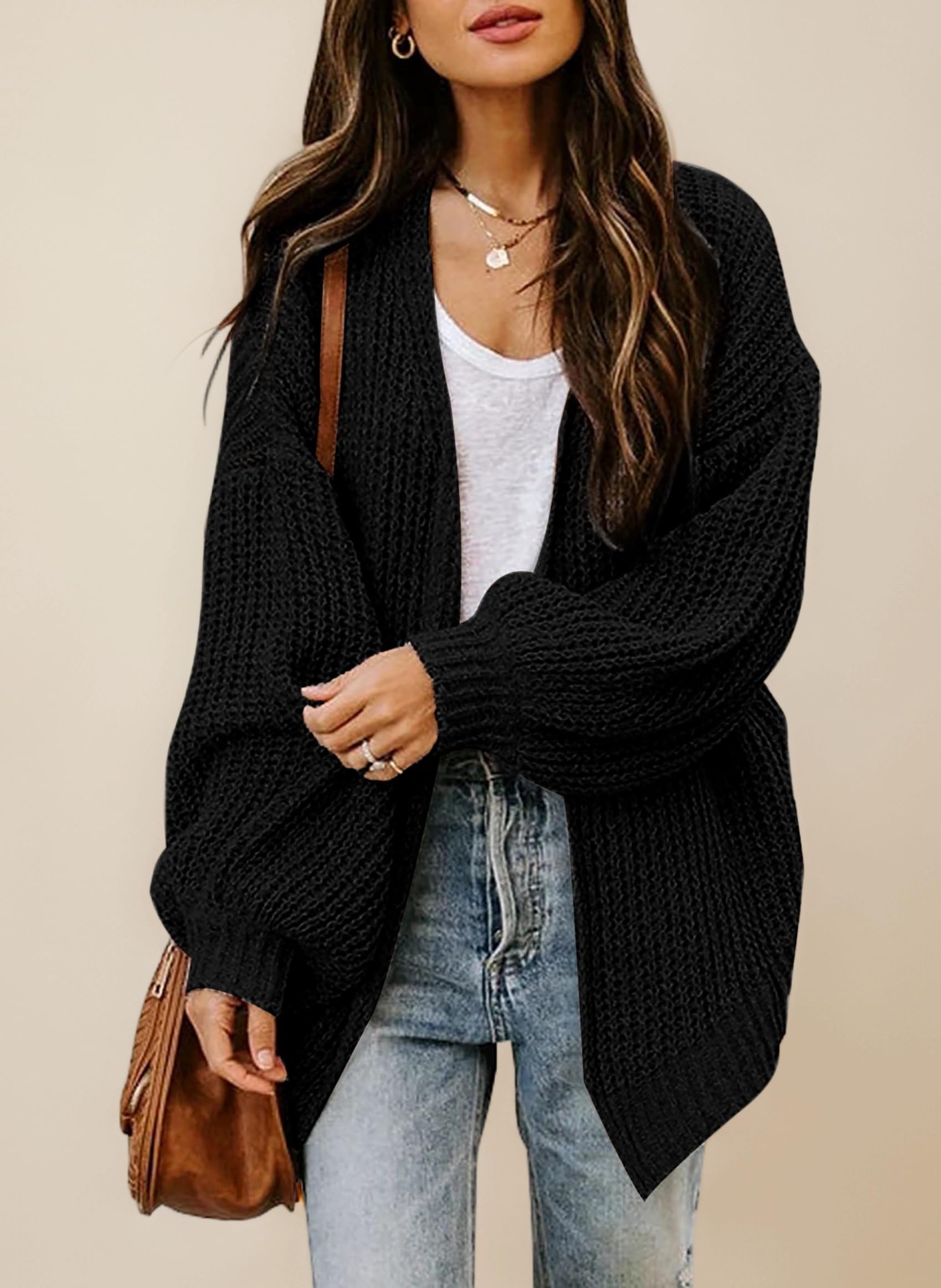 Women's Chunky Knit Open Front Sweater Long Lantern Sleeve Oversized Knitwear Cardigans