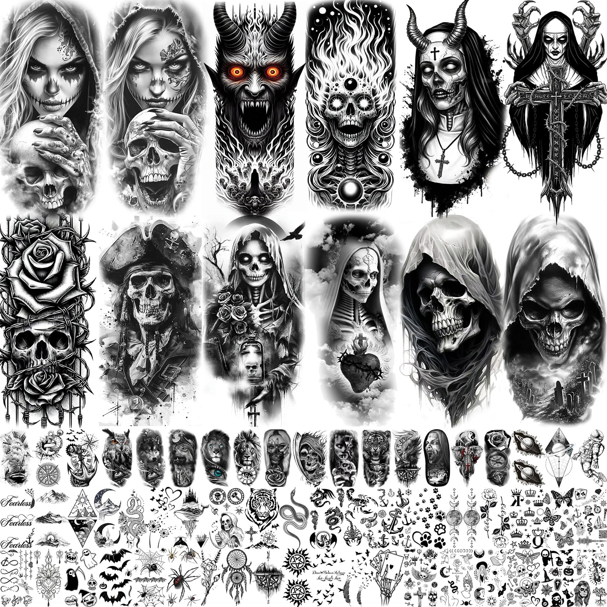 69 Sheets Halloween Skull Temporary Tattoos For Men Women Adults, Nun Skeleton Death Devil Demon Half Arm Sleeve Fake Tattoo Stickers, Bulk Temp Black