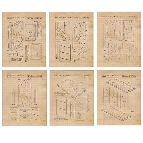 Vintage MP3 Music Player Audio Devices Patent Prints, 6 (8x10) Unframed Photos, Wall Art Decor for Home Office Steve Jobs Apple Garage Shop Science