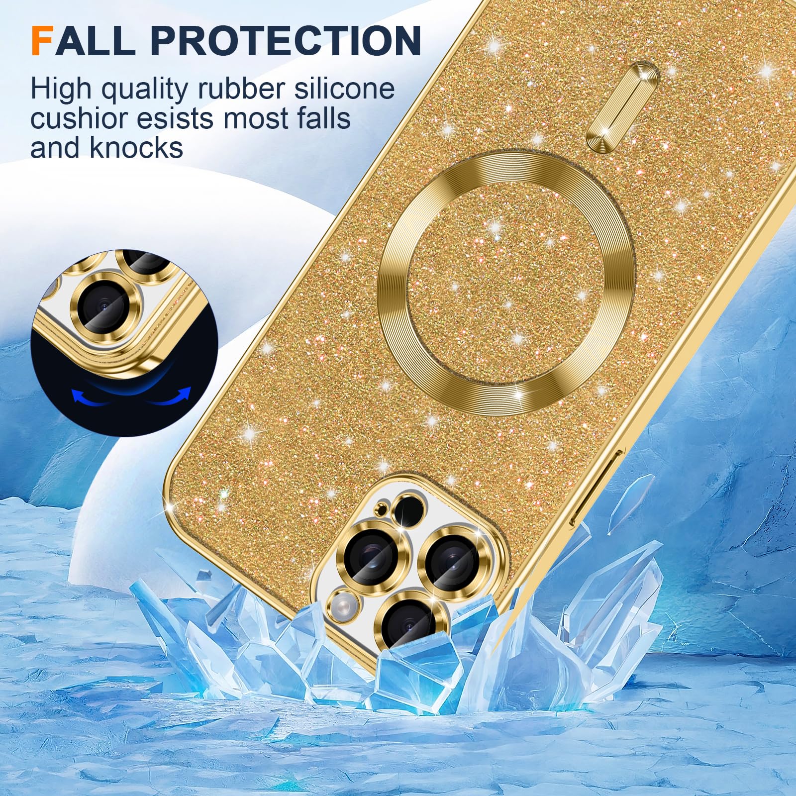 Kokio Glitter Magnetica Cover per iPhone 11 Pro con Cordino, Compatibile con MagSafe, Brillantini Sottile Silicone TPU Antiurto Custodia per iPhone 11 Pro con 2 Vetro Temperato Bumper, Argento
