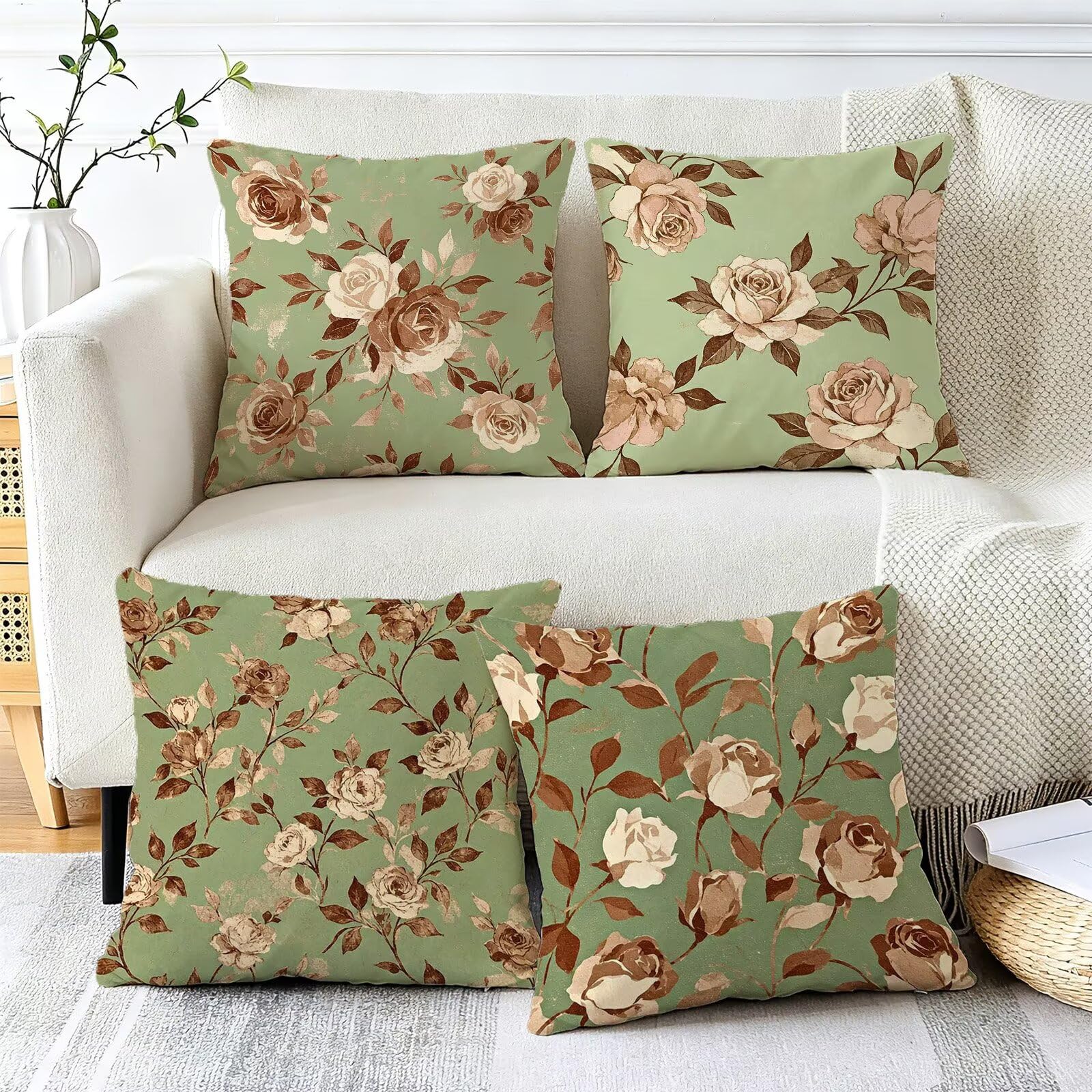 Verde Federe Cuscini Divano 50x50cm, Cuscini da Esterno Set de 4, Cod-167 | Lin Copricuscini Decorativi Letto Arredo, per Letto, Soggiorno, Giardino, Esterno, Casa Decorazione Set di 4 Fiore