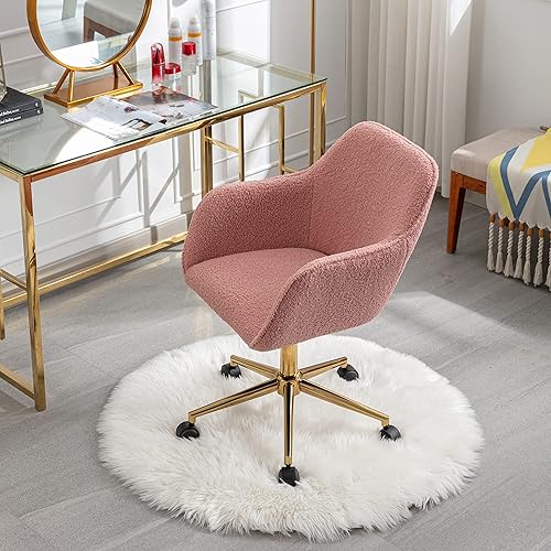 Miniatura 4 de Goujxcy Silla de escritorio esponjosa, silla de tocador de piel sintética, silla giratoria de oficina para niñas y mujeres, altura ajustable, lindas