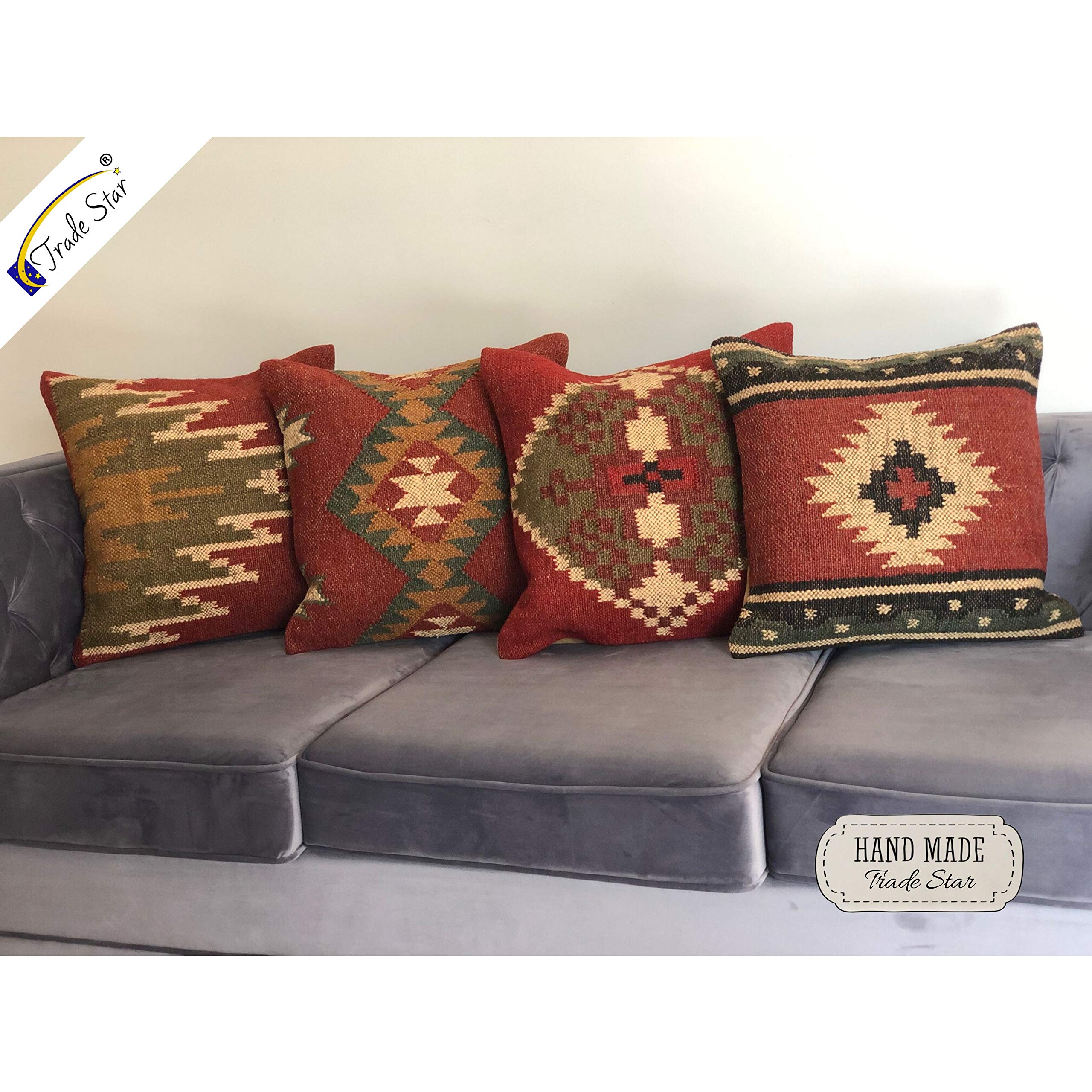 Trade Star - Juego de 4 fundas de cojín hechas a mano,cojín de decoración para el hogar para sala de estar,cojín de 18 "x 18" pulgadas para sofá,cojín kilim,funda de cojín de yute