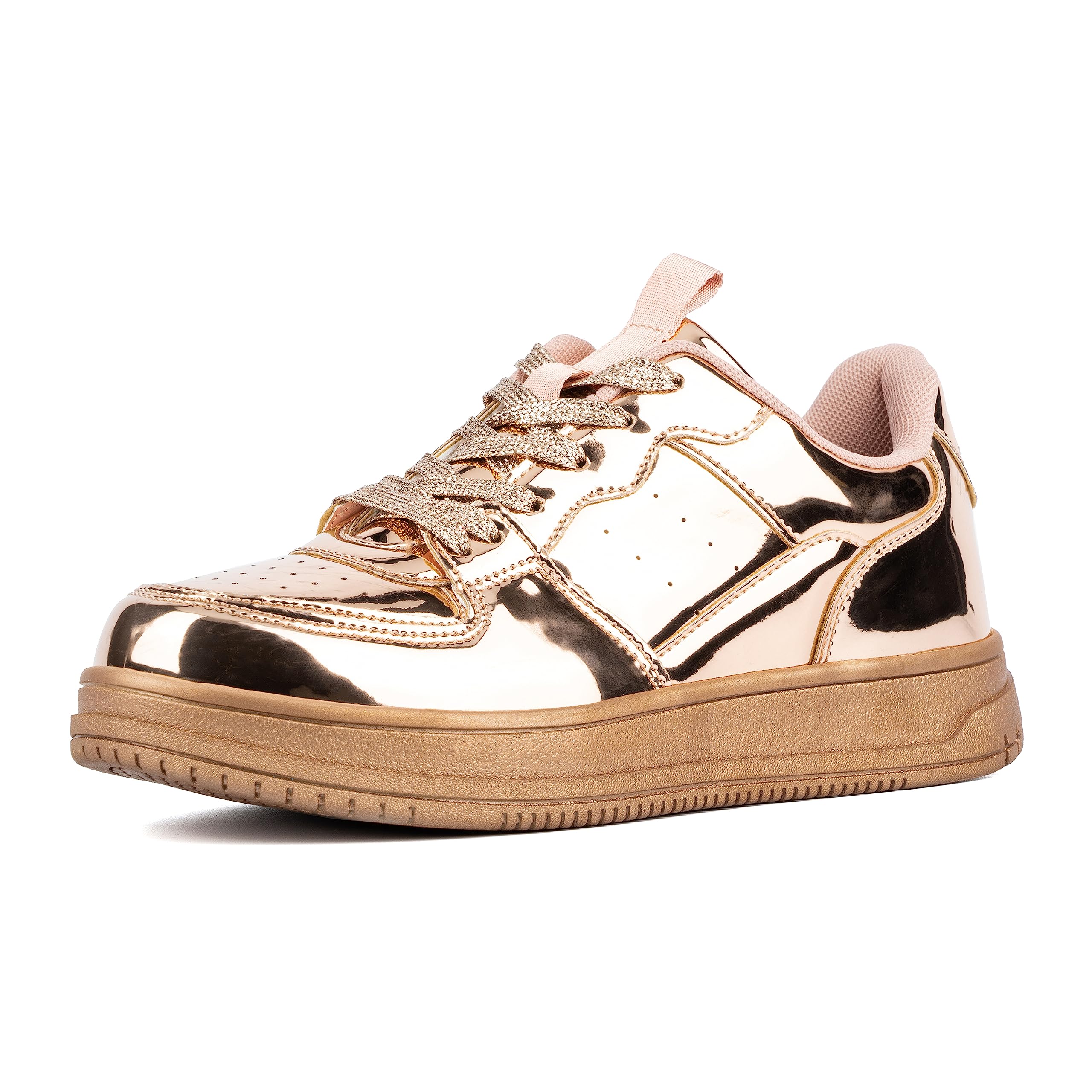 Olivia MillerWomen's Fashion Shoes, Vivien Metallic Patent Faux PU Vegan Leather Rubber Sole Lace Up Slip On Round Toe Casual Classic Comfortable Low Top Flat Fashion Sneakers