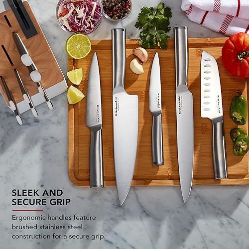 Miniatura 5 de KitchenAid Juego de cuchillos delgado de dos tonos con afilador de cuchillos integrado, cuchillos de cocina de acero inoxidable de alto carbono,