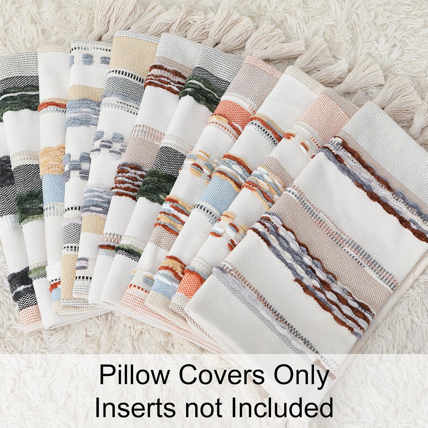 decorUhome Boho Decorative Throw Pillow Covers 18x18 Set of 2, Striped Chenille Tufted Pillow Covers with Tassels for Couch Bed Sofa, Cream White and Khaki - Image 6