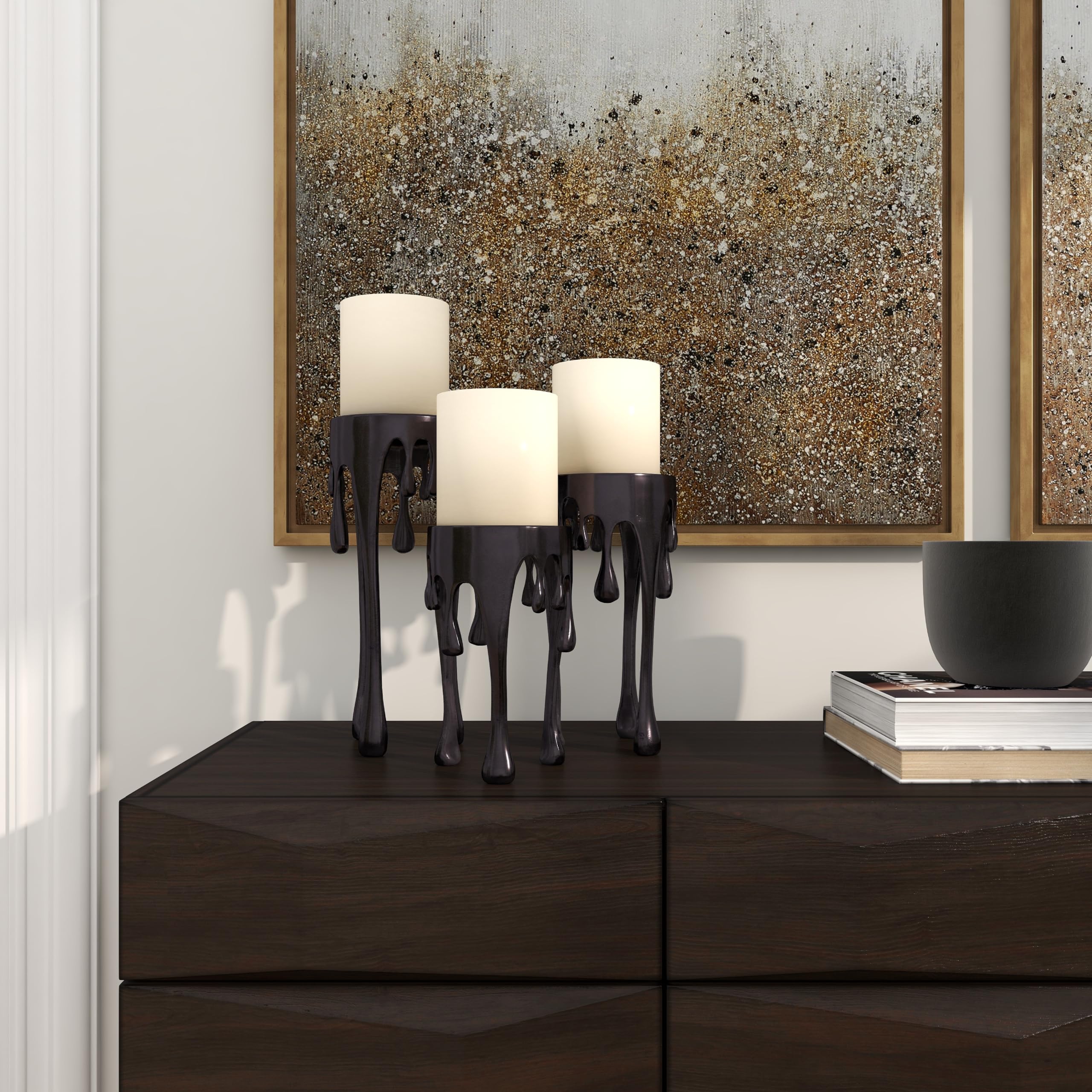 CosmoLiving by Cosmopolitan Aluminum Metal Decorative Candle Holder Pillar Candle Stand with Dripping Melting Designed Legs, Set of 3 Candlestick Holder 12", 10", 8"H,: Black