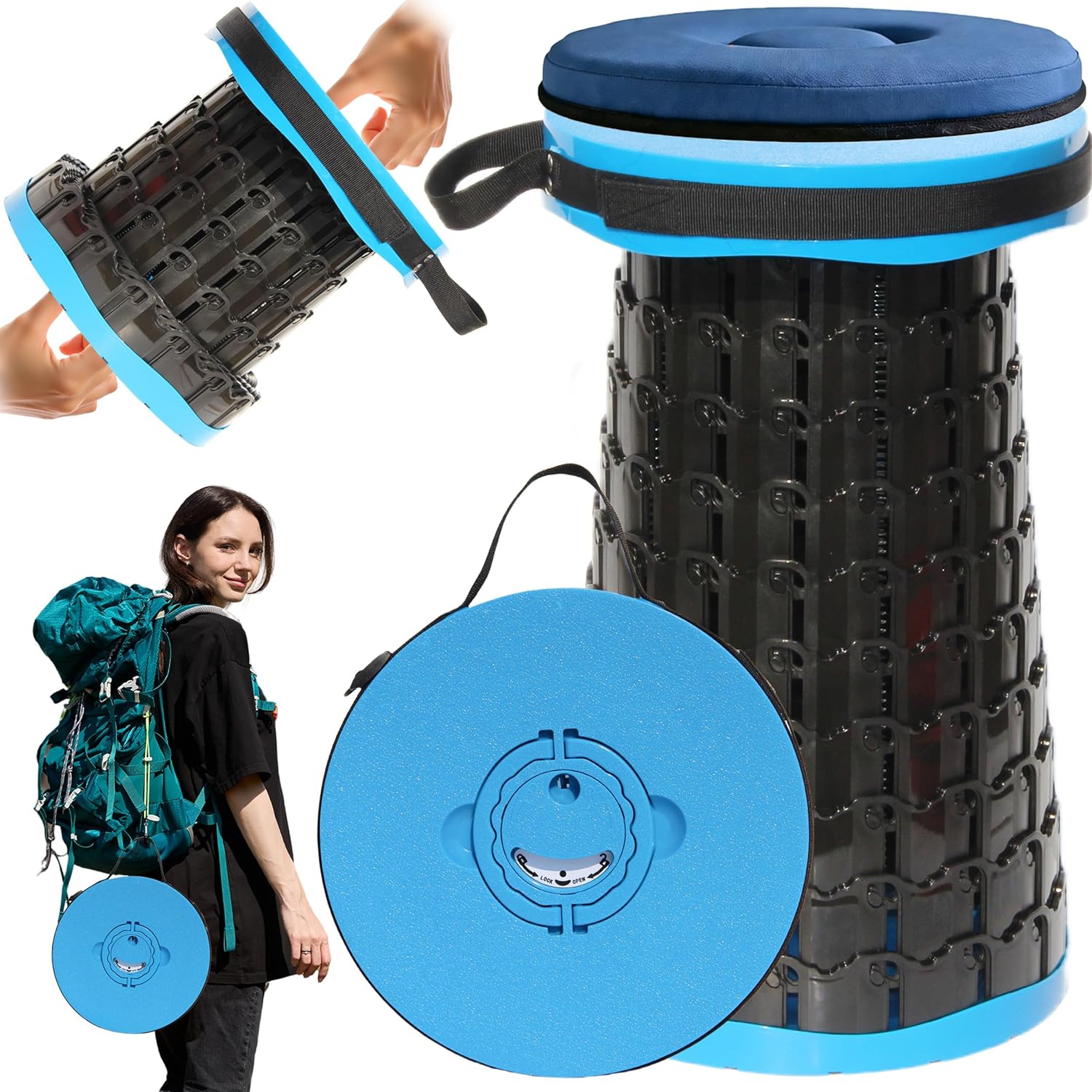 2026 Upgraded XXL Collapsible Stool with Thick Cushion,19.7"H-11.8"D Telescoping Folding Stool for Adults, More Sturdy Camping Stools with Load Capacity 1000lbs for Outdoor,Garden,Fishing,Hiking