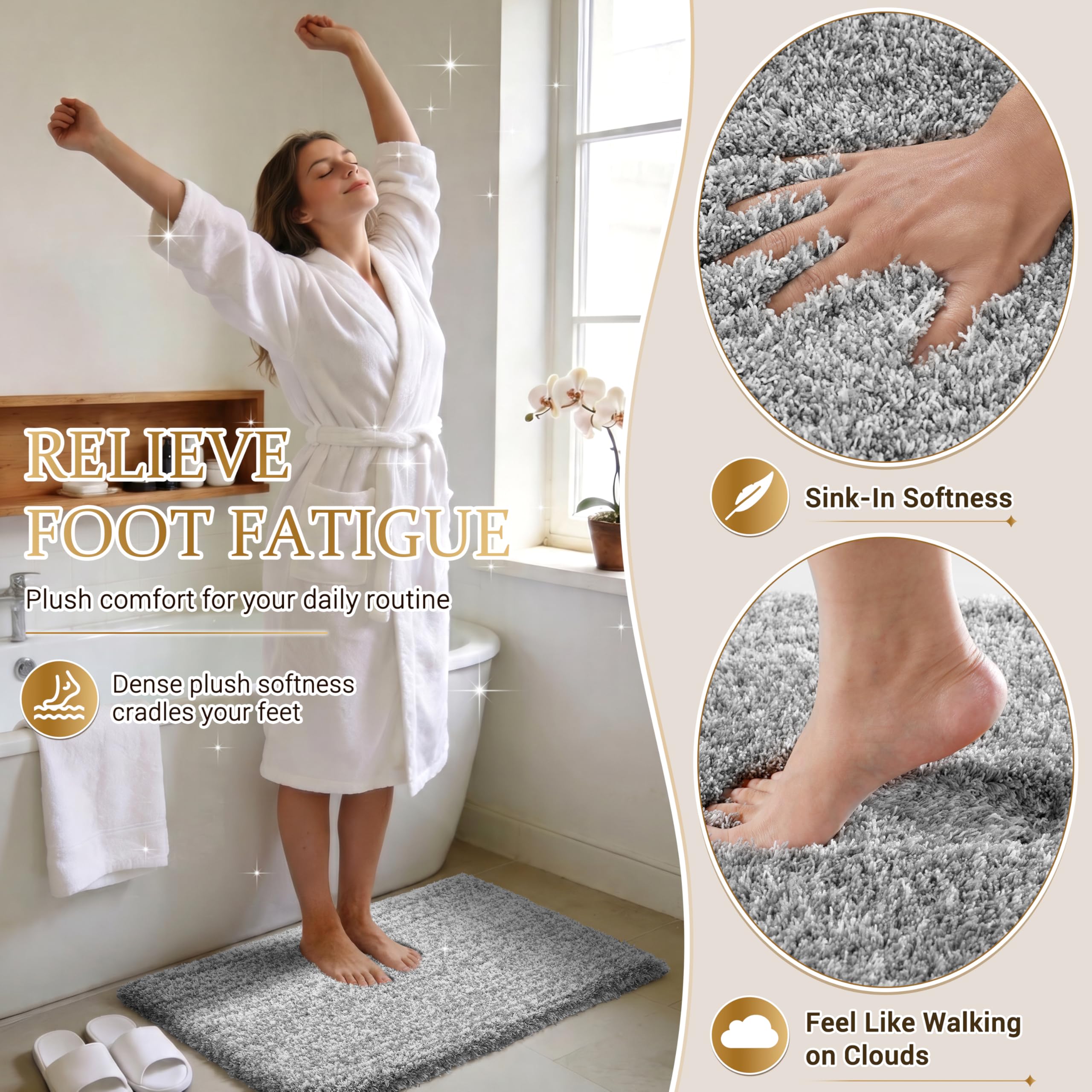 Light Gray and White Non Slip Washable Bathroom Rug D627