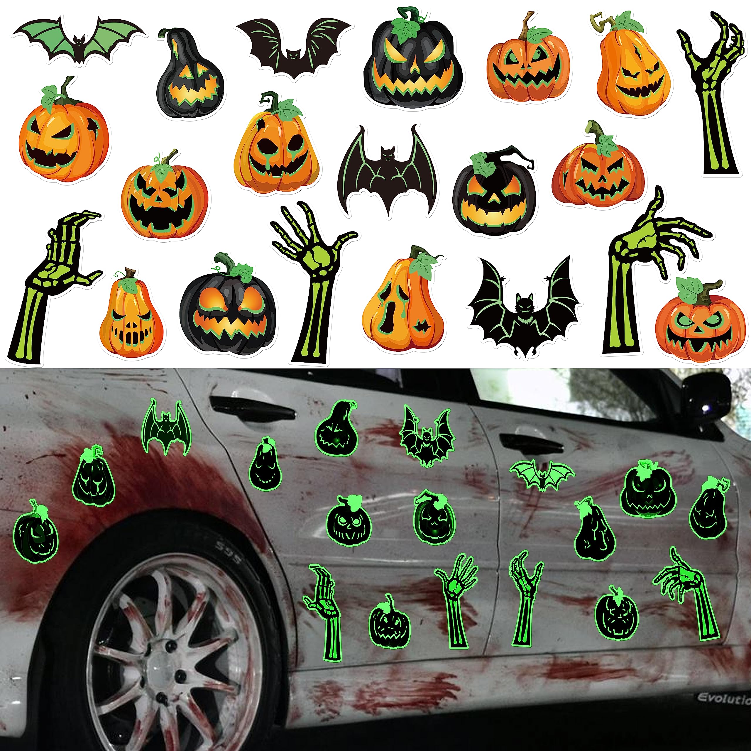 21PCS Halloween Car Magnets Decorations - Magnetic Glow-in-The-Dark Bats Pumpkin Skeleton Hands, Garage Door Refrigerator Trunk or Treat Cruise Decor