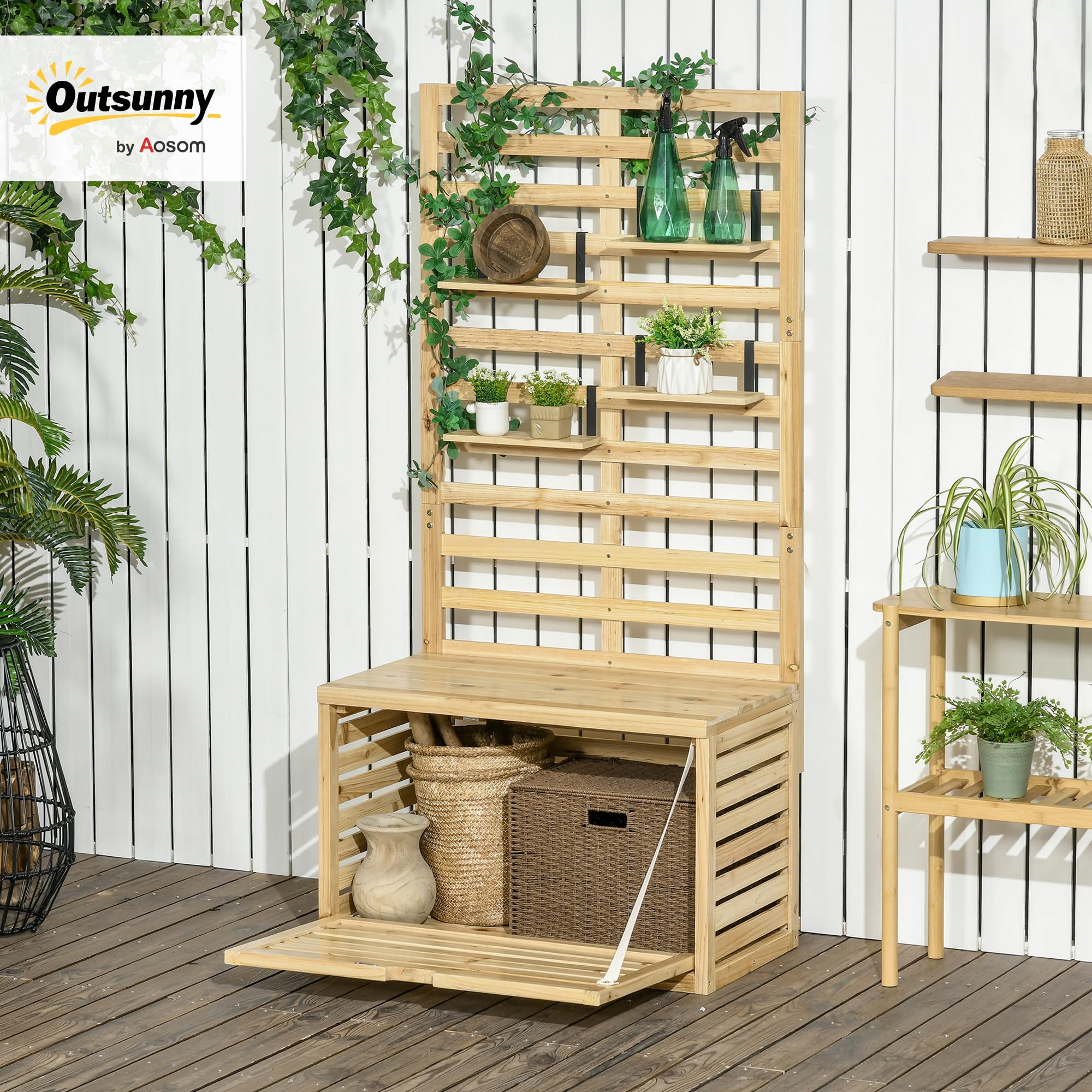 Caja De Almacenaje Outsunny Con Soporte Para Trepar Y Estantes, Caja De Jardín, Caja Para Cojines, Madera Maciza Natural, 80 X 45 X 160 Cm
