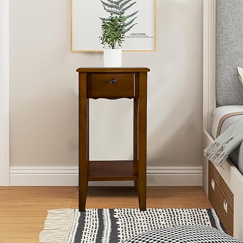Mesa auxiliar estrecha pequeña con cajón y estante de madera sólida para sofá, mesa auxiliar delgada para mesita de noche para espacios pequeños,