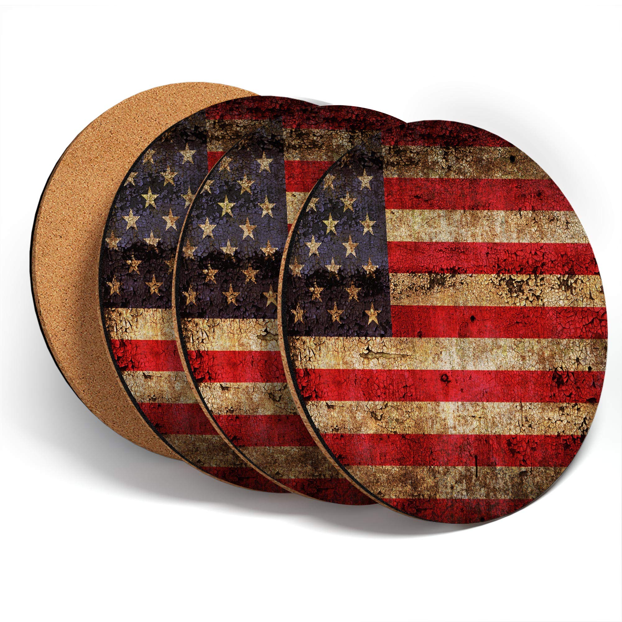 Destination Vinyl Ltd Great Coasters (Set of 4) Round - Old Grunge USA America Flag Drink Glossy Coasters/Tabletop Protection for Any Table Type #45913