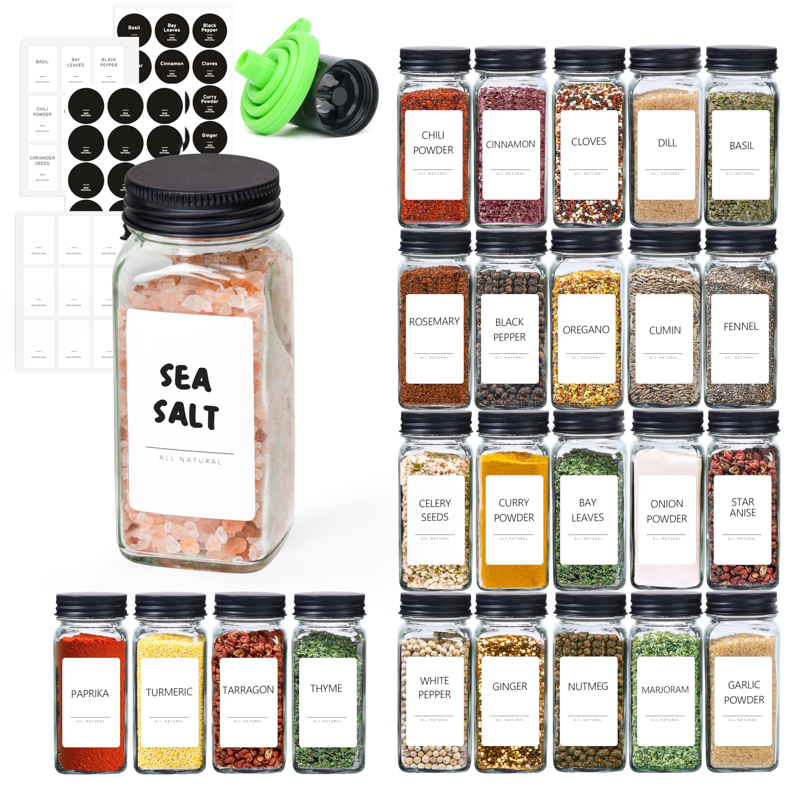 ComSaf 24Pcs 120ml Glass Spice Jars with Shaker Lids and Labels, a Handy Funnel, a Pepper Grinder, Empty Spice Containers and Square Spice Bottles for Kitchen and Seasoning
