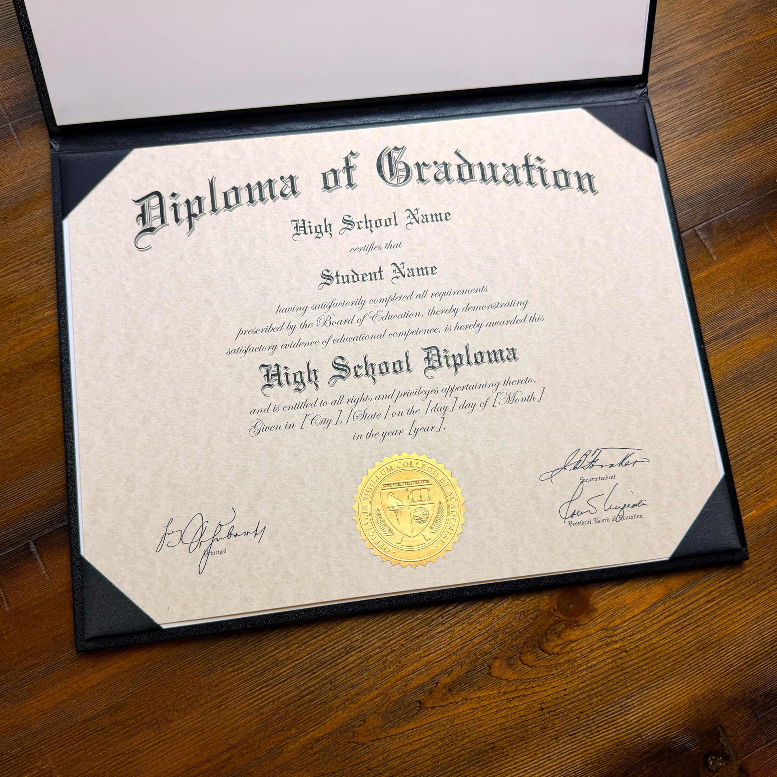 High School Diploma - Custom Printed with Your Name, School, Grad Date & More - Incl. Real, Custom Embossed Gold Foil Seal & Padded Leatherette Diploma Cover - Pro Print Shop Quality