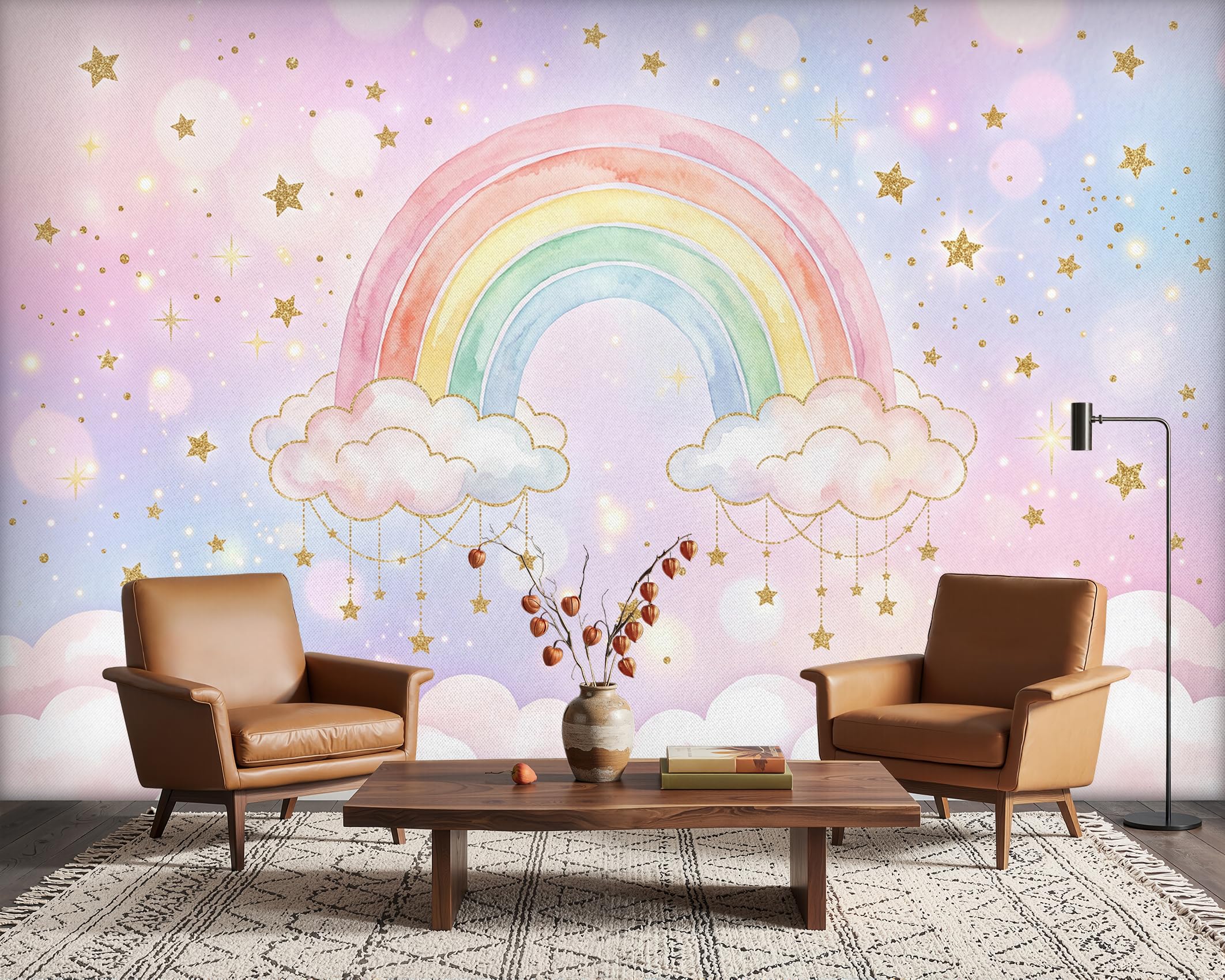PaxGloz Watercolour Rainbow Clouds Wallpaper, Pastel Pink and Purple Gradient Wall Mural for Baby Girl Room Kids Playroom Nursery Girls Bedroom, Non-Woven Decorative Wall Art 300x210 cm