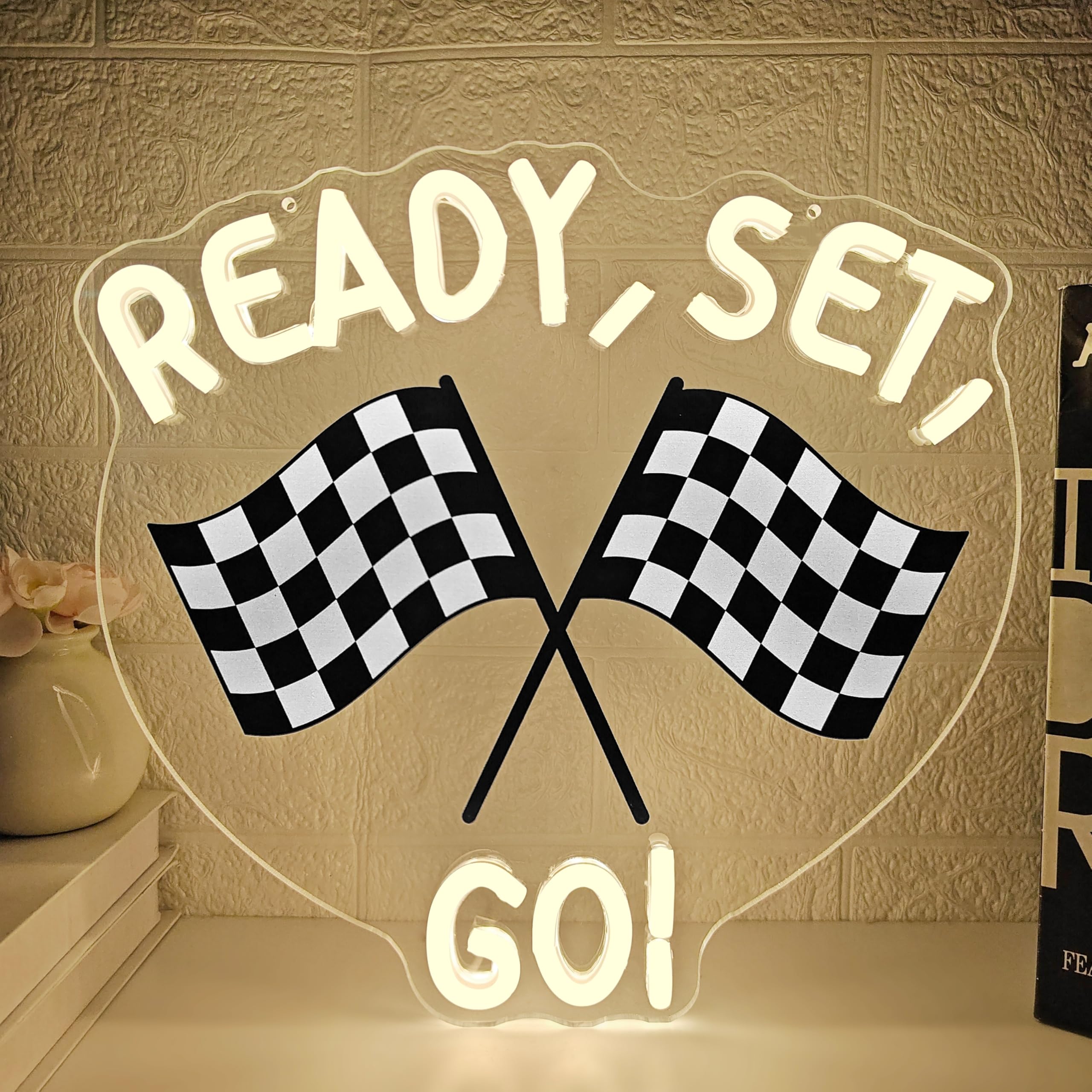 Ready Set Go Race Car Neon Sign for Boys Room Dimmable LED sign Wall Decor