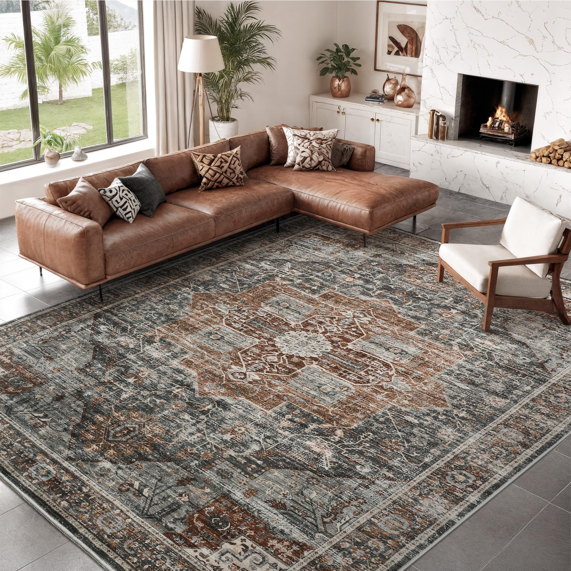 roxstand 8x10 area rugs for living room, vintage washable rug with non-slip backing, stain resistant large area rug for dining room, soft rugs for bedroom (grey/brown/tan, 8'x10')