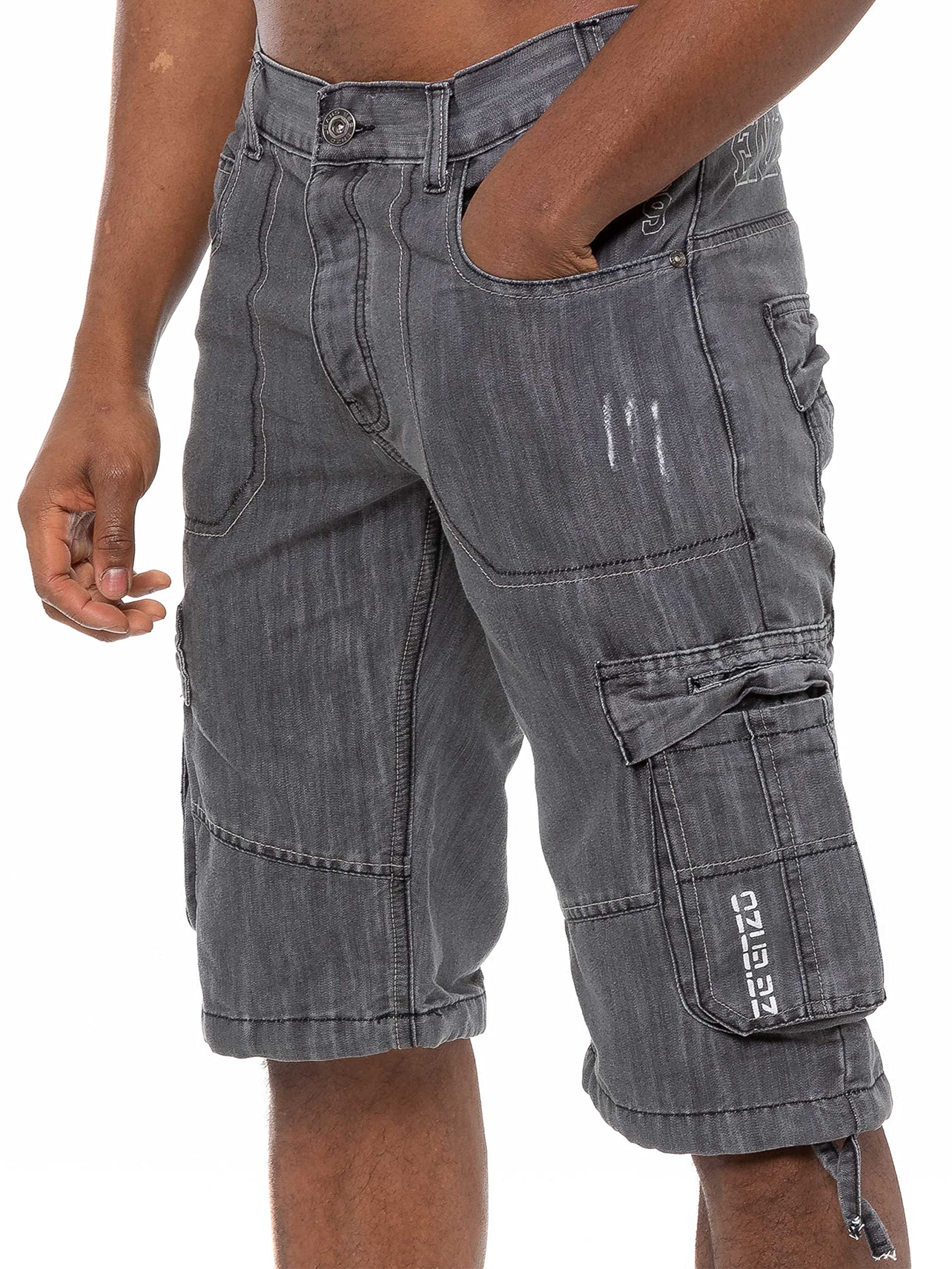 989Zé Enzo Men's Grey Shorts Ezs404 Raw Combat Cargo Pockets Casual Knee Length Denim Half Pants 44