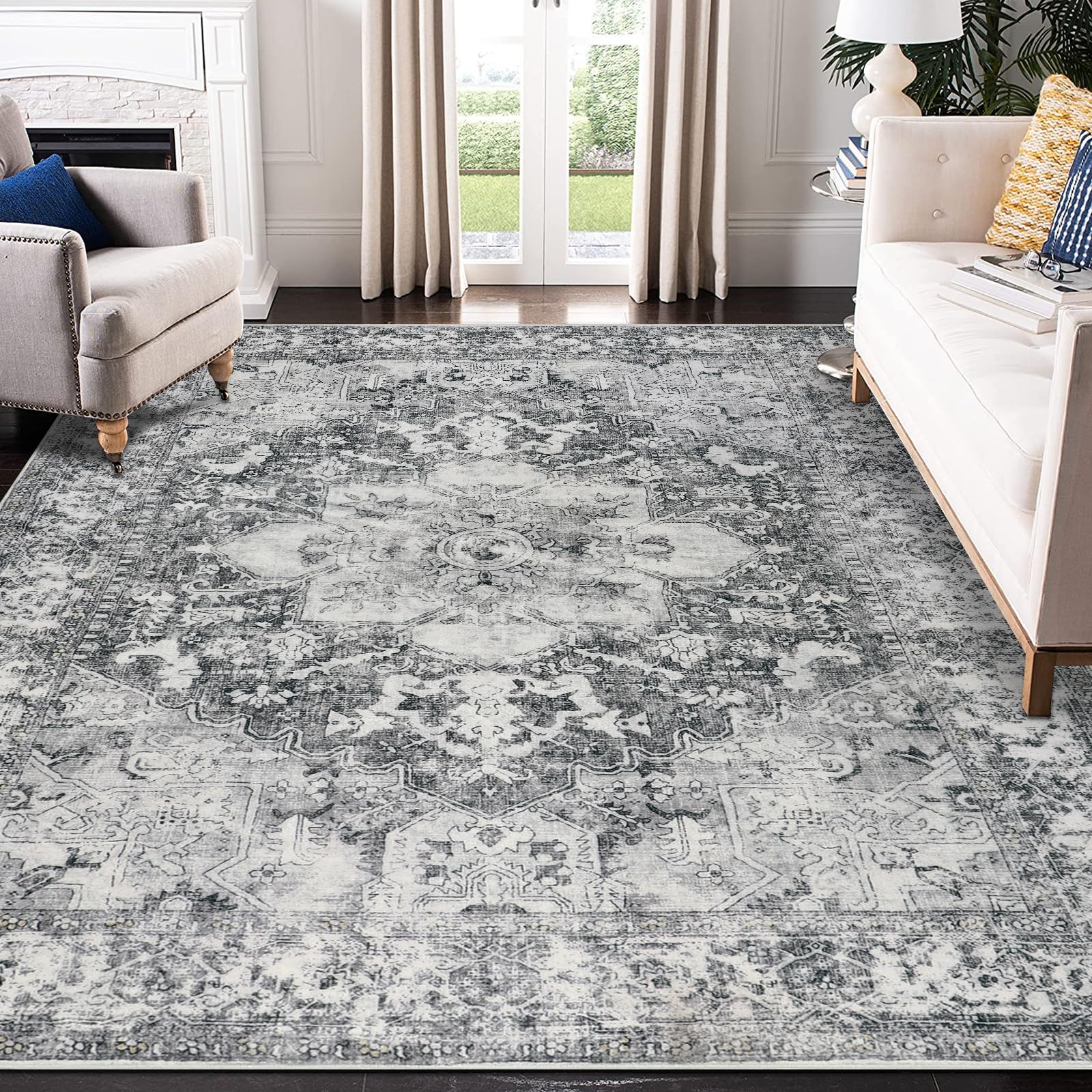 Edlbaegy Rugs Living Room Large 160x230cm Grey Machine Washable Area Rugs for Bedroom Boho Vintage Faux Wool Low Pile Non Slip Carpet for Living Room Lounge Office Dinning Room