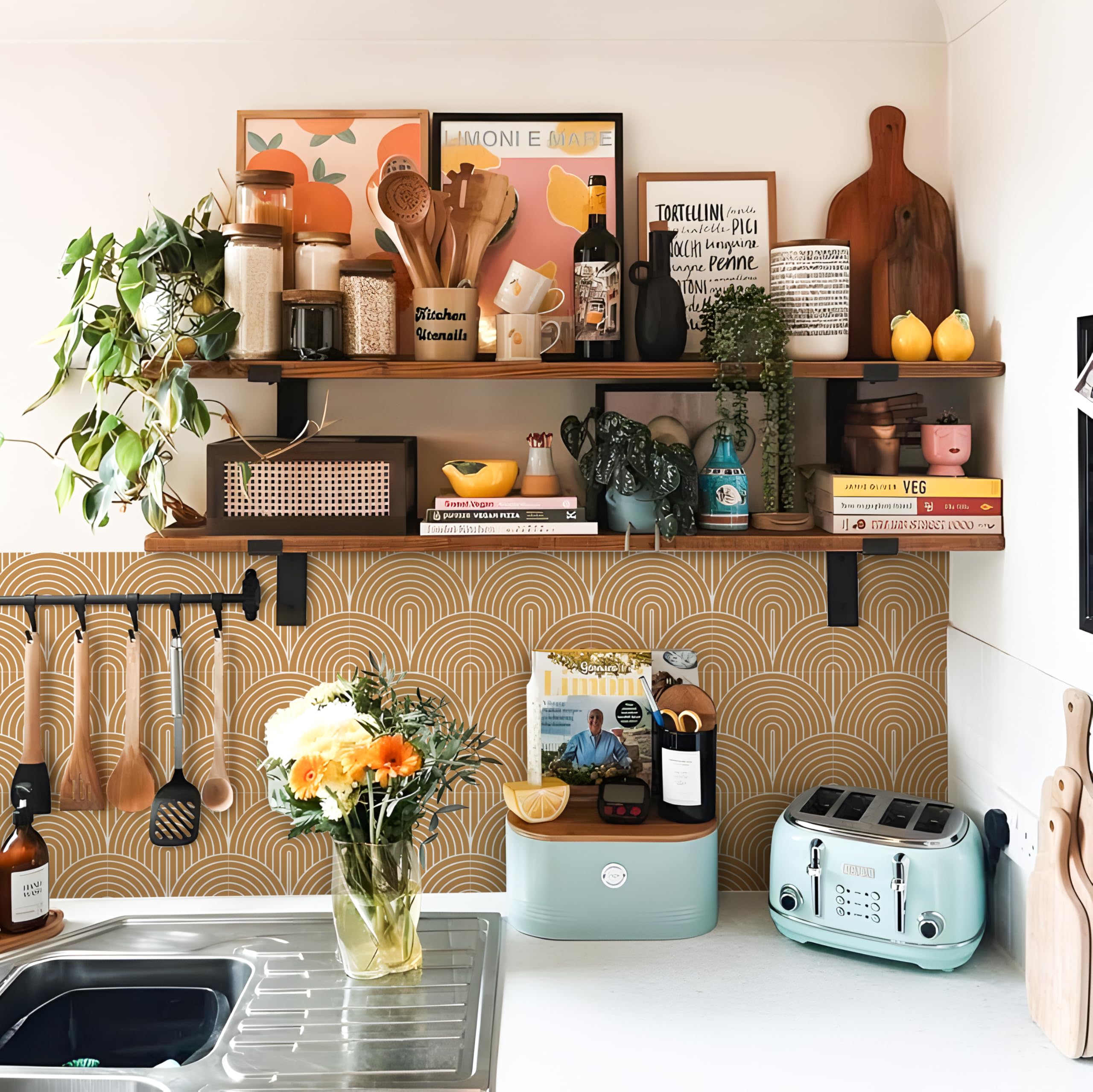 Alwayspon Tile Sticker, 25PcsX15cm/6inch Yellow Brown Self Adhesive Stick on Tiles Transfer Sticker for Bathroom Kitchen, Splashback, Peel and Stick Vinyl Floor Wall Tiles Sticker