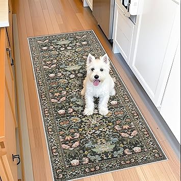 Hallway 2x5 Washable Runner Rug: Oriental Floral Stain Resistant Rug for Entryway Kitchen Farmhouse Soft Carpet for Bathroom Bedroom Thin Laudry Living Room Floor Mat with Non Slip Backing(2x5,Green)