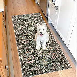 Hallway 2x5 Washable Runner Rug: Oriental Floral Stain Resistant Rug for Entryway Kitchen Farmhouse Soft Carpet for Bathroom Bedroom Thin Laudry Living Room Floor Mat with Non Slip Backing(2x5,Green)