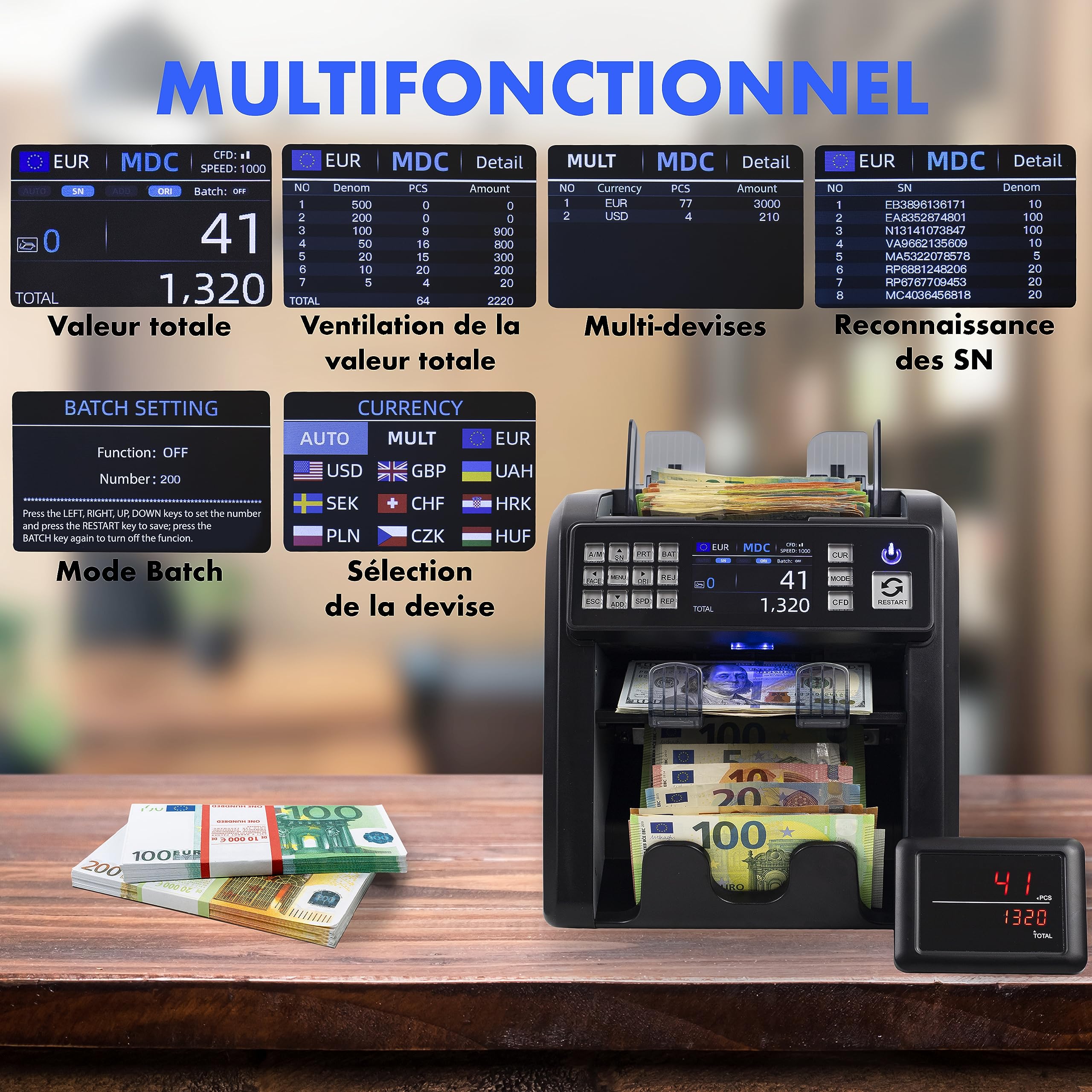 MV-600 Compteuse et trieuse de billets pour billets non triés avec détection avancée de faux billets en 12 points | EUR USD GBP SEK etc. | Compteur de valeurs pour billets mixtes