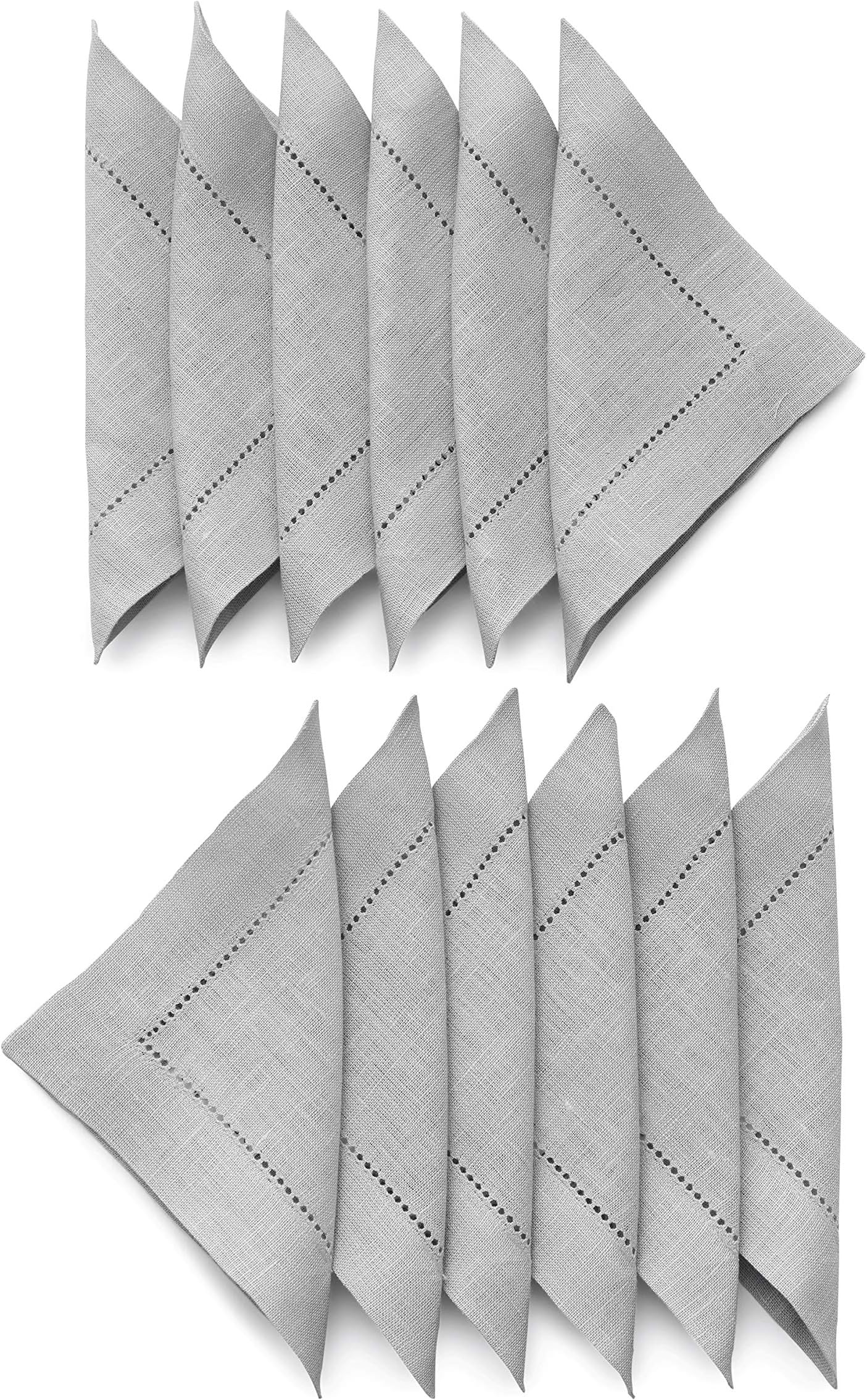 Solino Home Hemstitch Linen Cocktail Napkins - Set of 12, 6 x 6 Inch Soft Grey, 100% European Flax Classic Hemstitch Napkin Coaster - Pure Natural Fabric Handcrafted with Mitered Corners