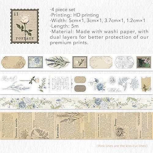 Miniatura 2 de WT Ricordi Della Soffitta - Juego de calcomanías de cinta washi, 4 rollos, diseños originales, calcomanías decorativas de flores, marco floral,