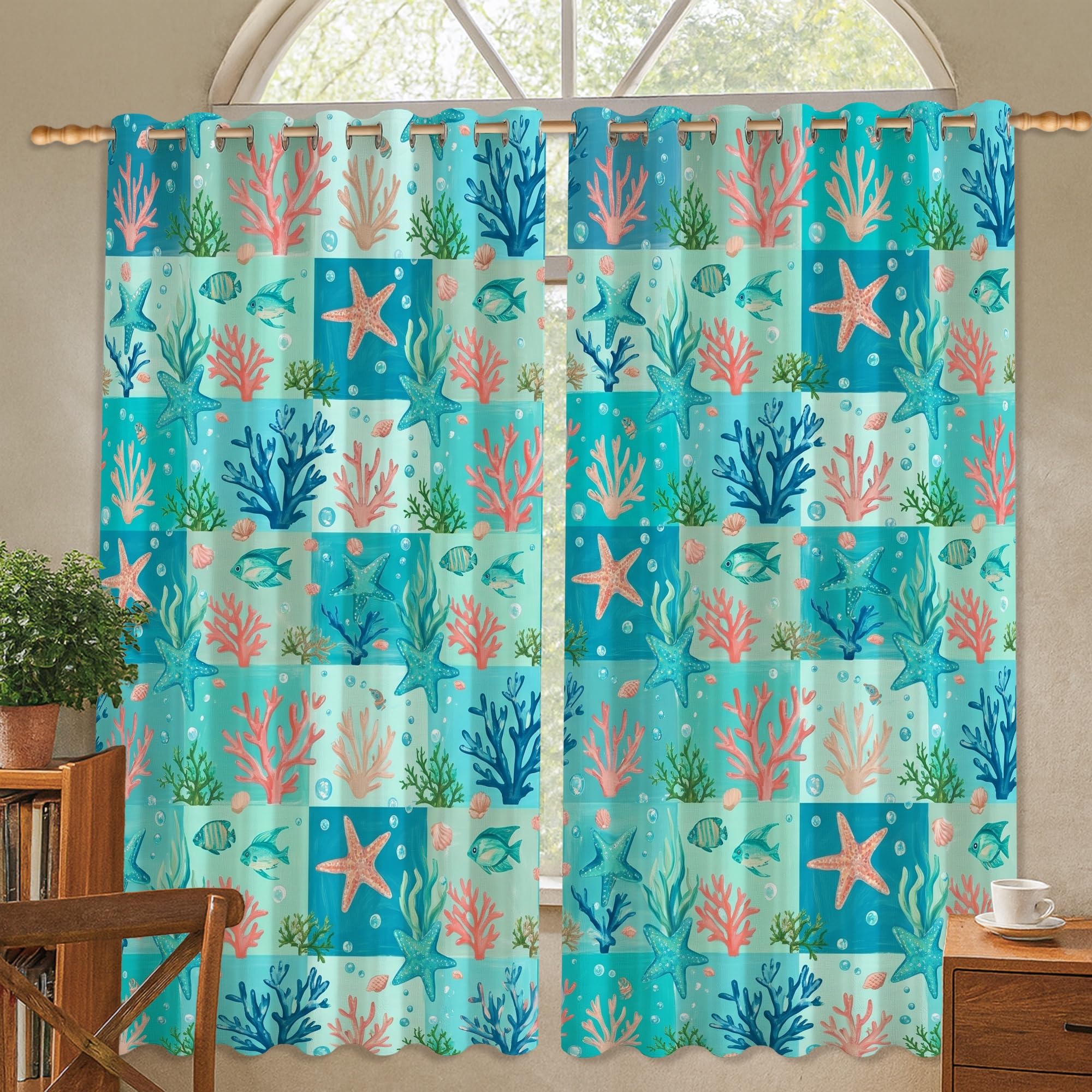 Rideaux occultants lavables en machine motif corail nautique turquoise