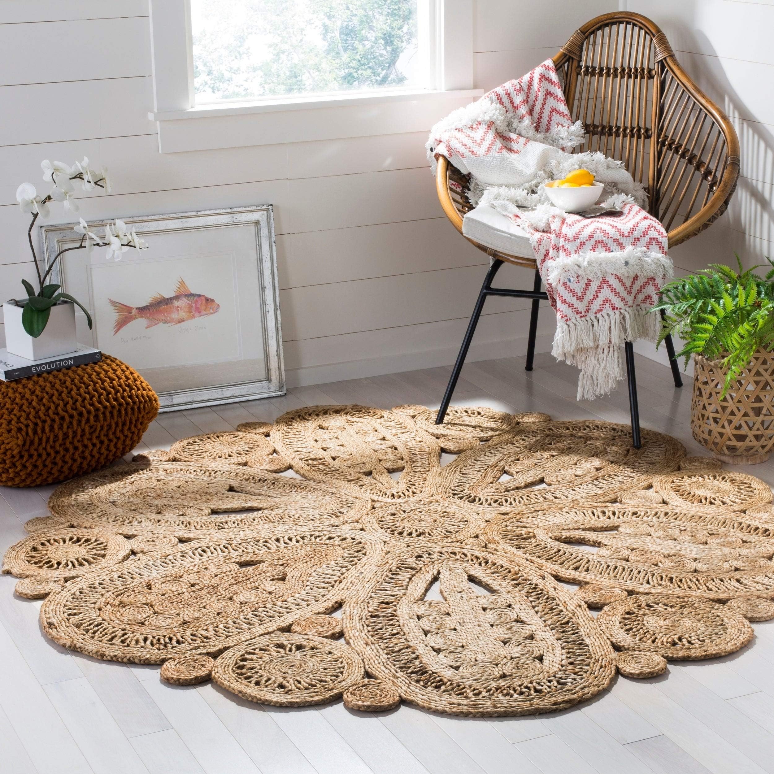 Area Rug 5' Round - Natural Fiber Collection - Natural Brown, Handmade Jute, Decorative Boho Floral Design (NF360A)