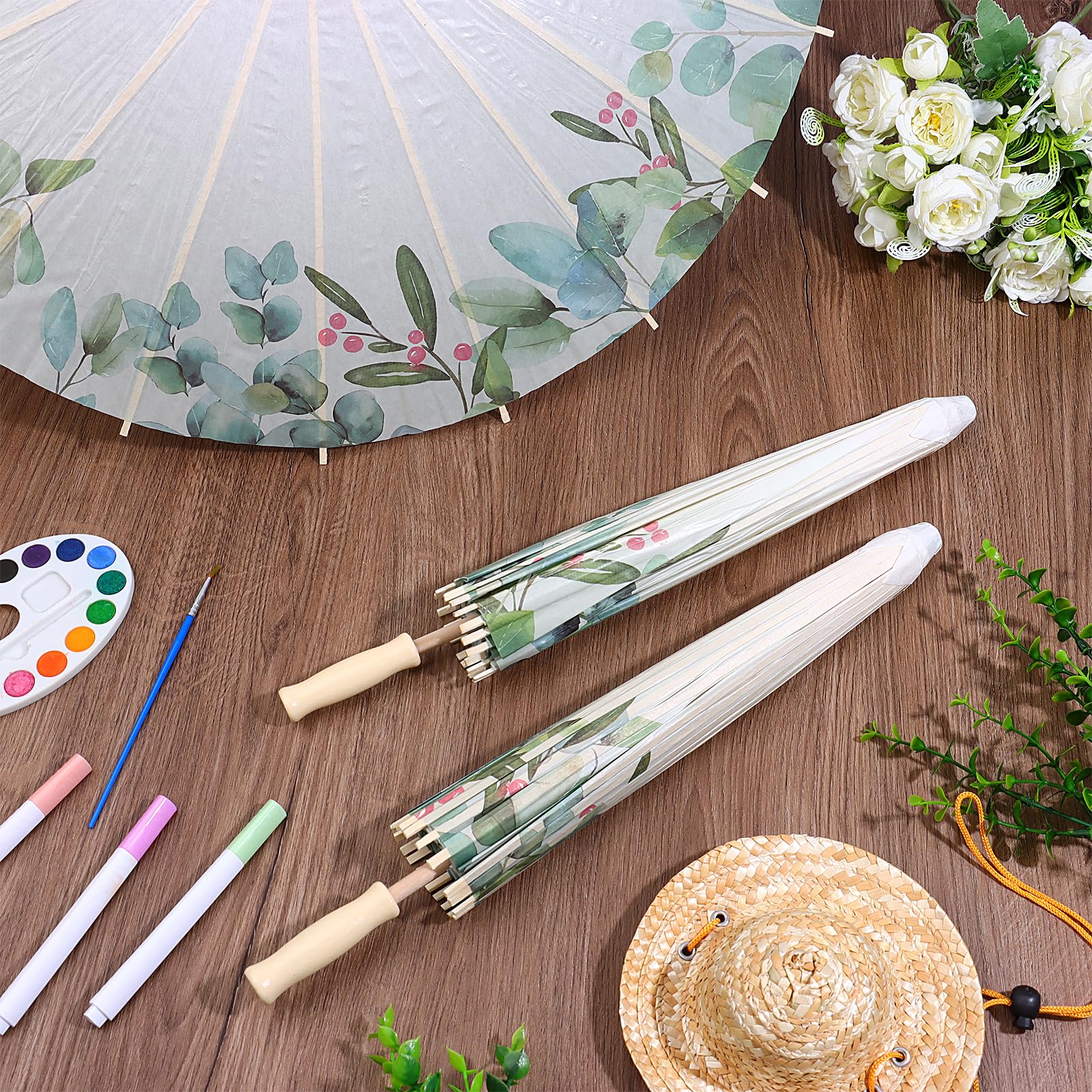 6 Sets 60 cm Hochzeitspapier-Sonnenschirm-Set, Dankeskarten, weiße Kordelzugbeutel, Gastgeschenke, Eukalyptusblatt, chinesisch, japanisch, DIY, geöltes Papier, Regenschirm für Fotografie