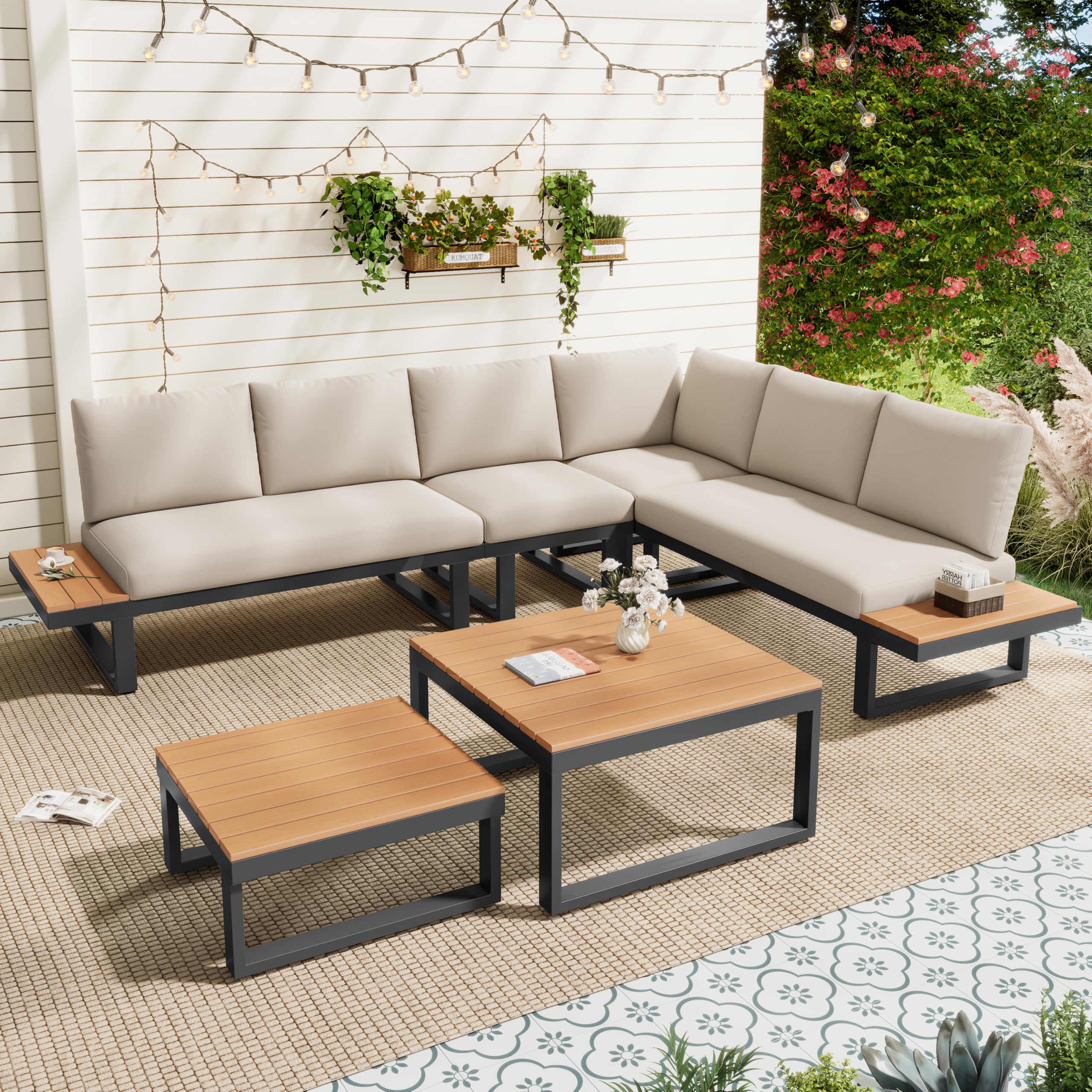 Outdoor Garden Furniture 6/8 People with Adjustable Tilt Function (5 Positions, Up to 55°), Corner Sofa Outdoor Garden with Wooden Top, 2 Low Garden Tables, Beige and Grey - 3