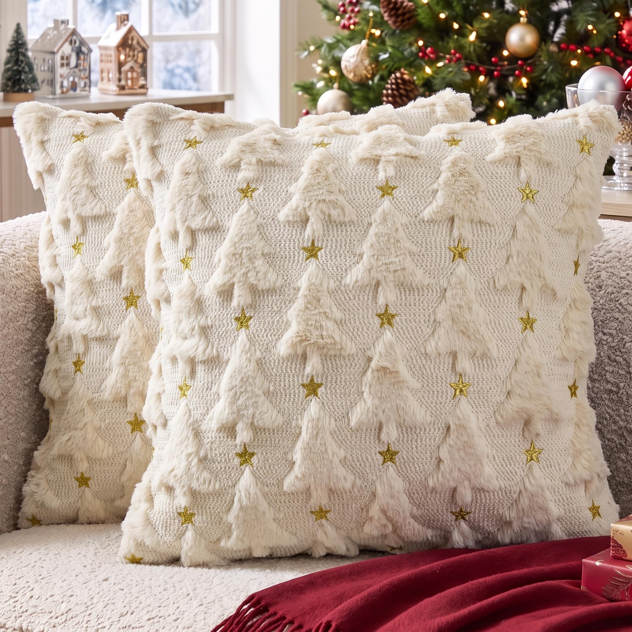 AVOIN colorlife Christmas Tree Star Beige Throw Pillow Cover Set of 2, 18 x 18 Inch Soft Plush Faux Fur Jacquard Festivals Winter Cushion Case Decoration for Sofa Couch OEKO-TEX STANDARD 100