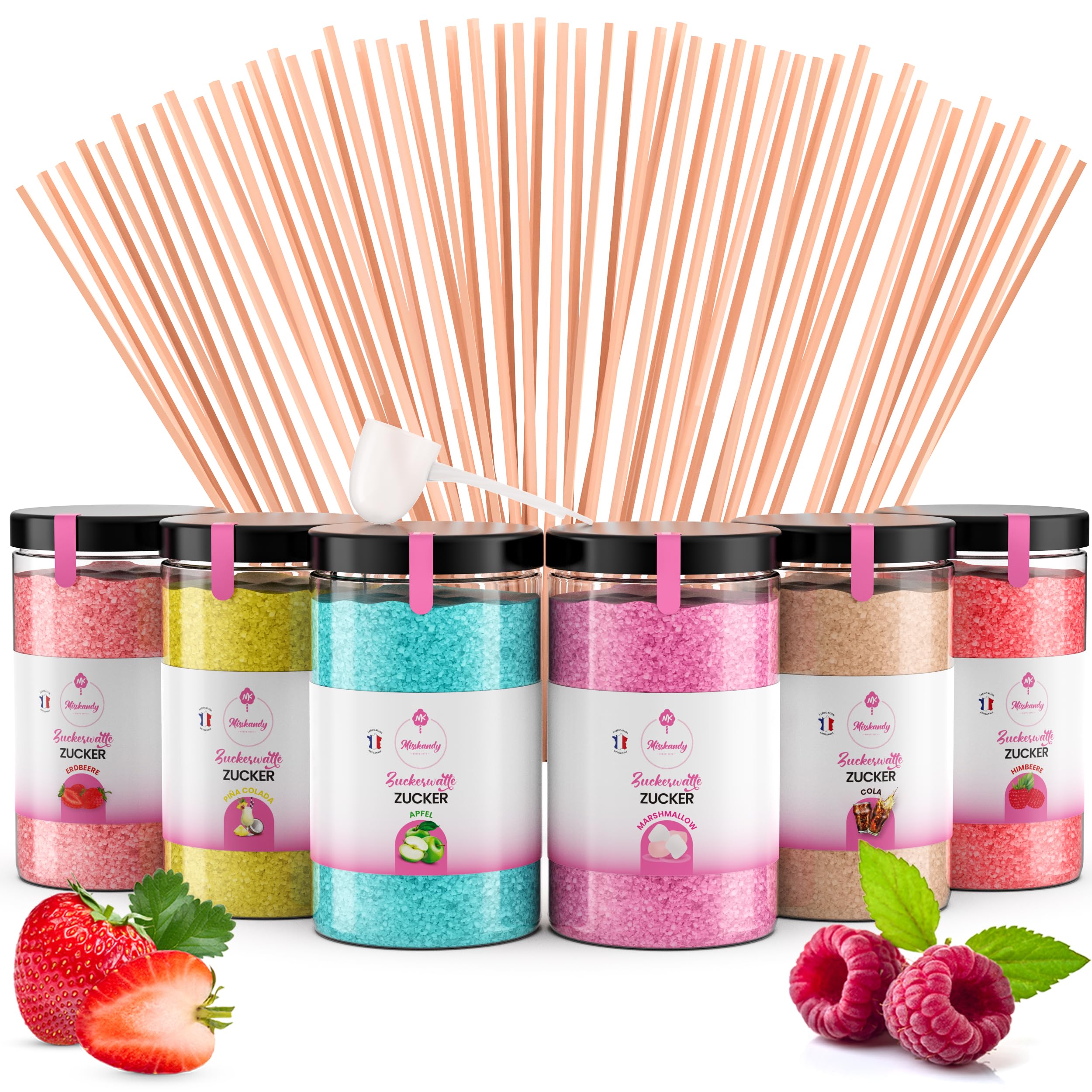 Misskandy®, Zuckerwatte Zucker (Natürliche Aromen und Farbstoffe) / set (6 * 300Gr): Erdbeere/Piña Colada/Apfel/Marshmallow/Cola/Himbeere/zucker für zuckerwattemaschine /+ 50 Stäbchen
