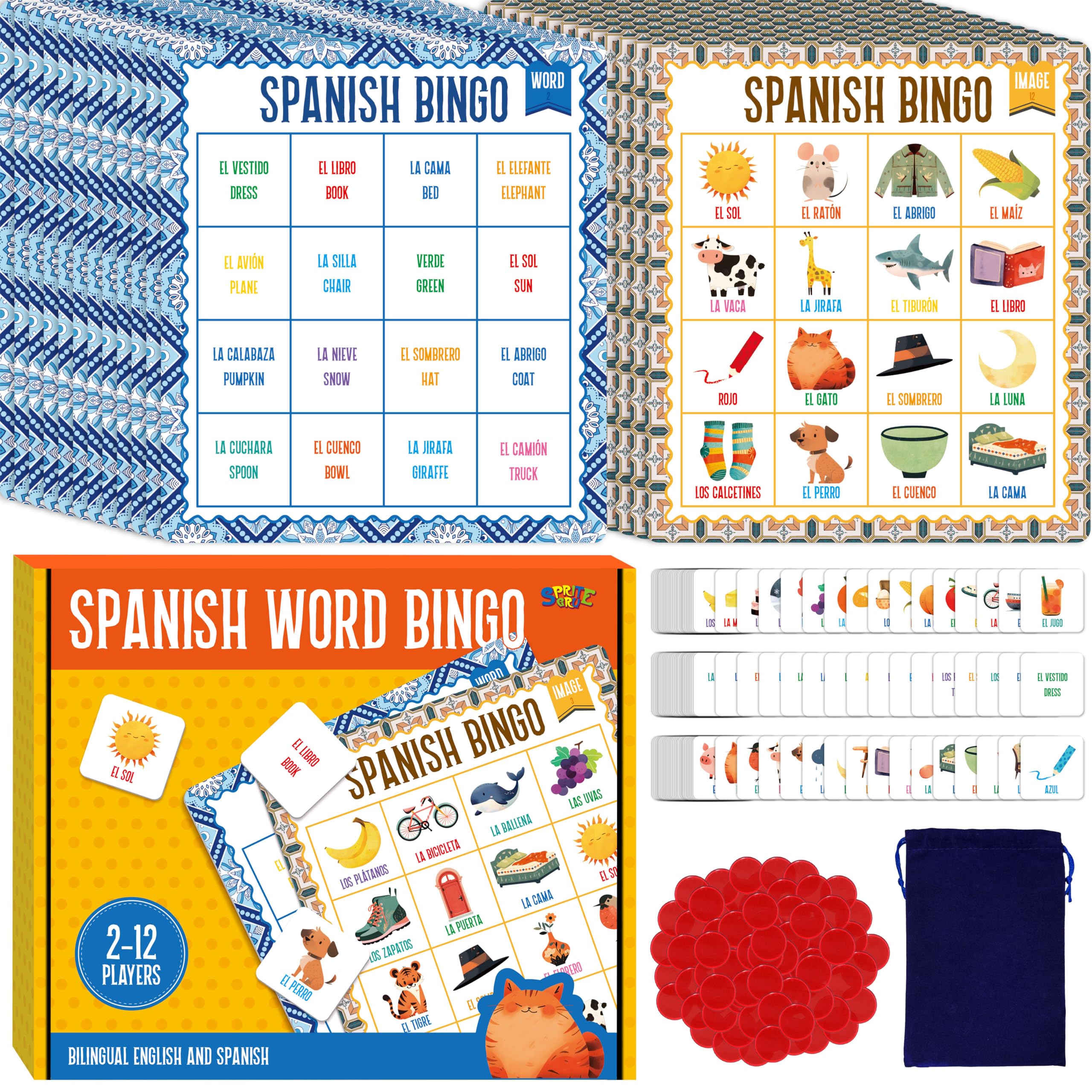 Spanish Bingo Game, 12 Vocabulary Bingo Board Game Bilingual Word Learning Educational Toys for Words Learning - Ages 5 and up (Up to 12 Players)