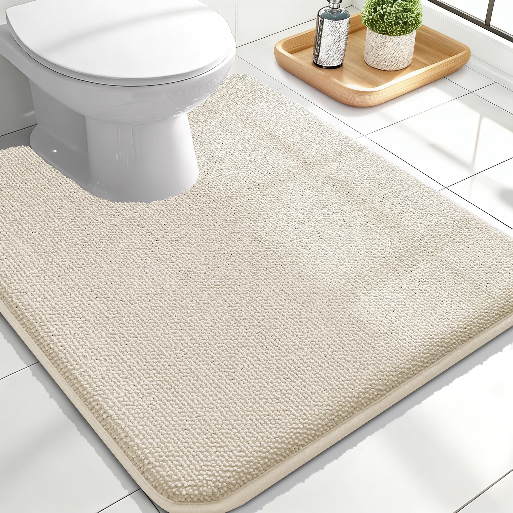OLANLY Memory Foam Bathroom Toilet Rug U-Shaped 24x20, Absorbent Mat, Ivory