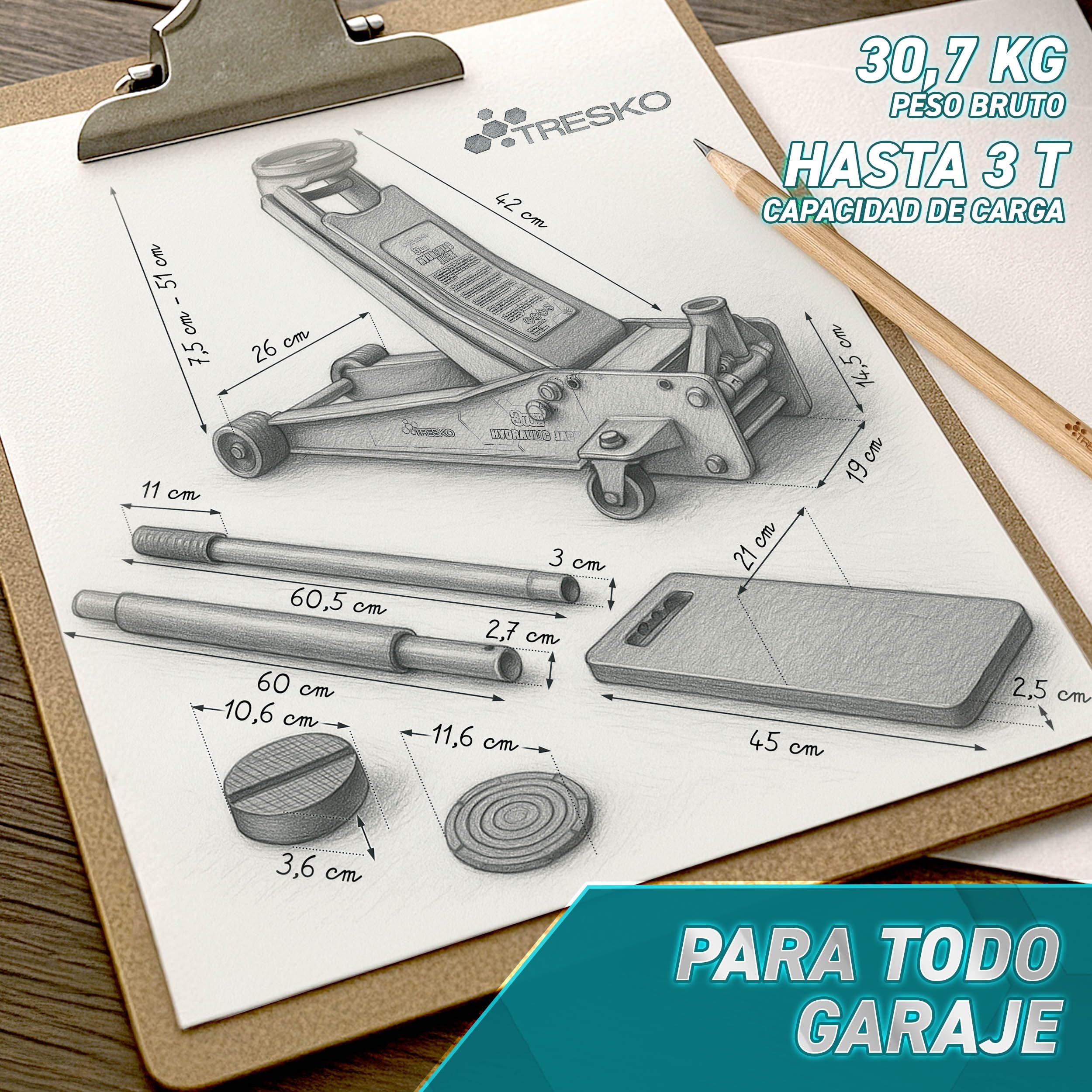 TRESKO gato hidráulico 3T 75-510mm doble pistón ruedas 360°