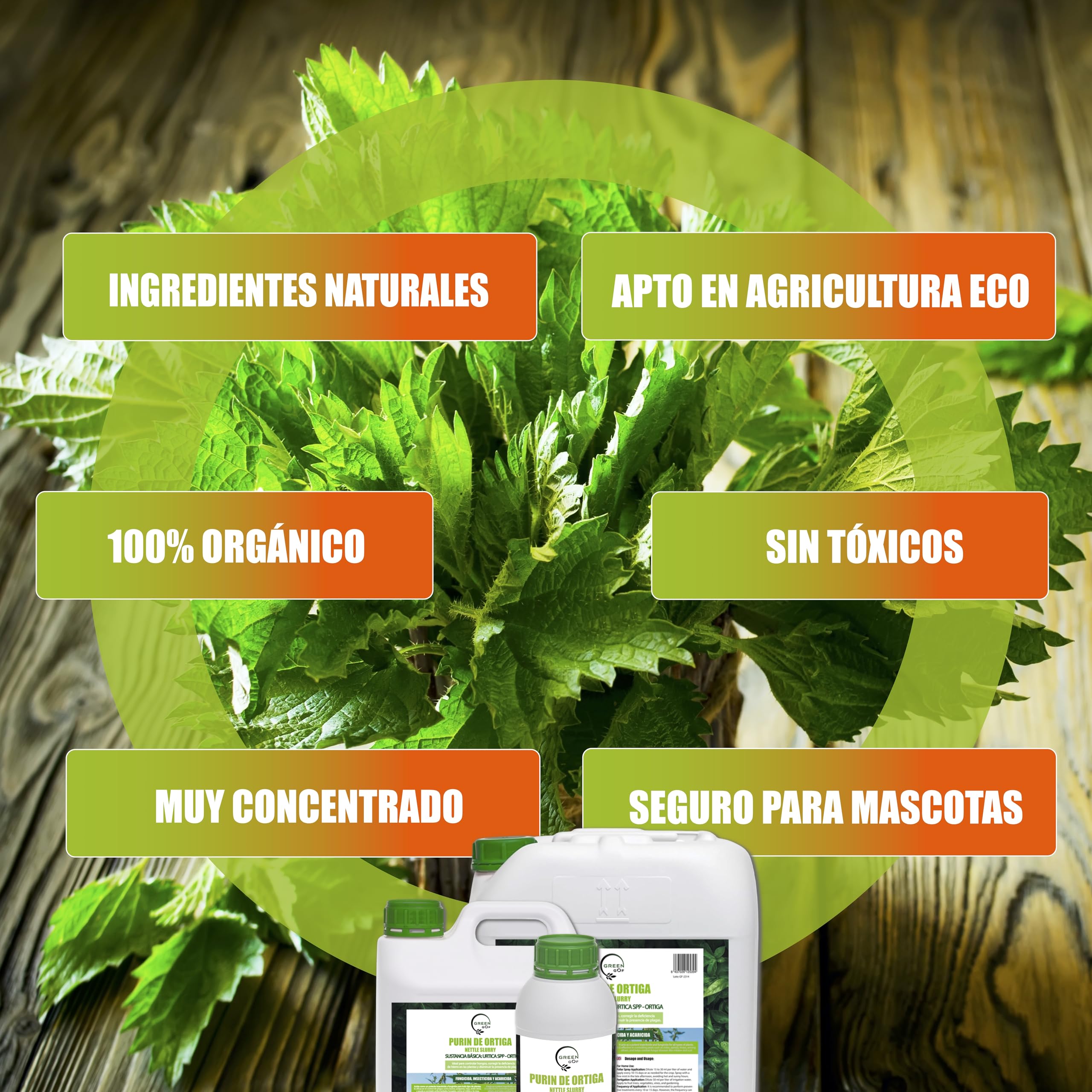GREENGOF Purin de Ortiga, 5L. Insecticida, Fungicida, Acaricida para el Control de Hongos y para Corregir la clorosis férrica. Orgánico y 100% Natural. Curativo y Preventivo.