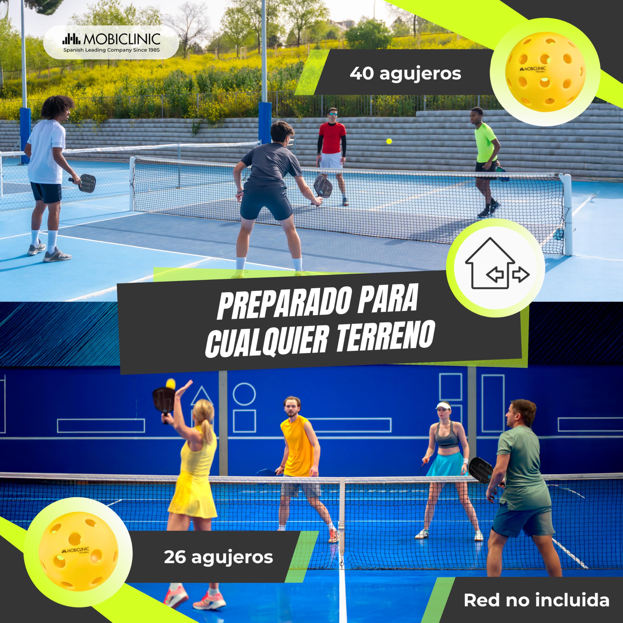 Mobiclinic®, Set de Pickleball, Palas de Fibra de Vidrio, Pelotas Interior y Exterior, Bolsa Transporte, Núcleo de Polipropileno de Panal, Grip Antideslizante