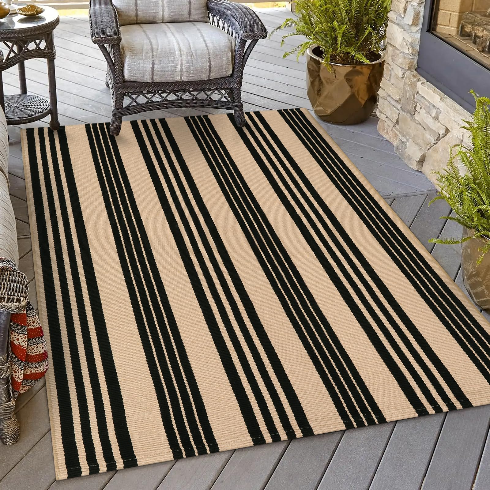 OJIA Outdoor Area Rugs 4'x6', Black and Tan Outdoor Rug Machine