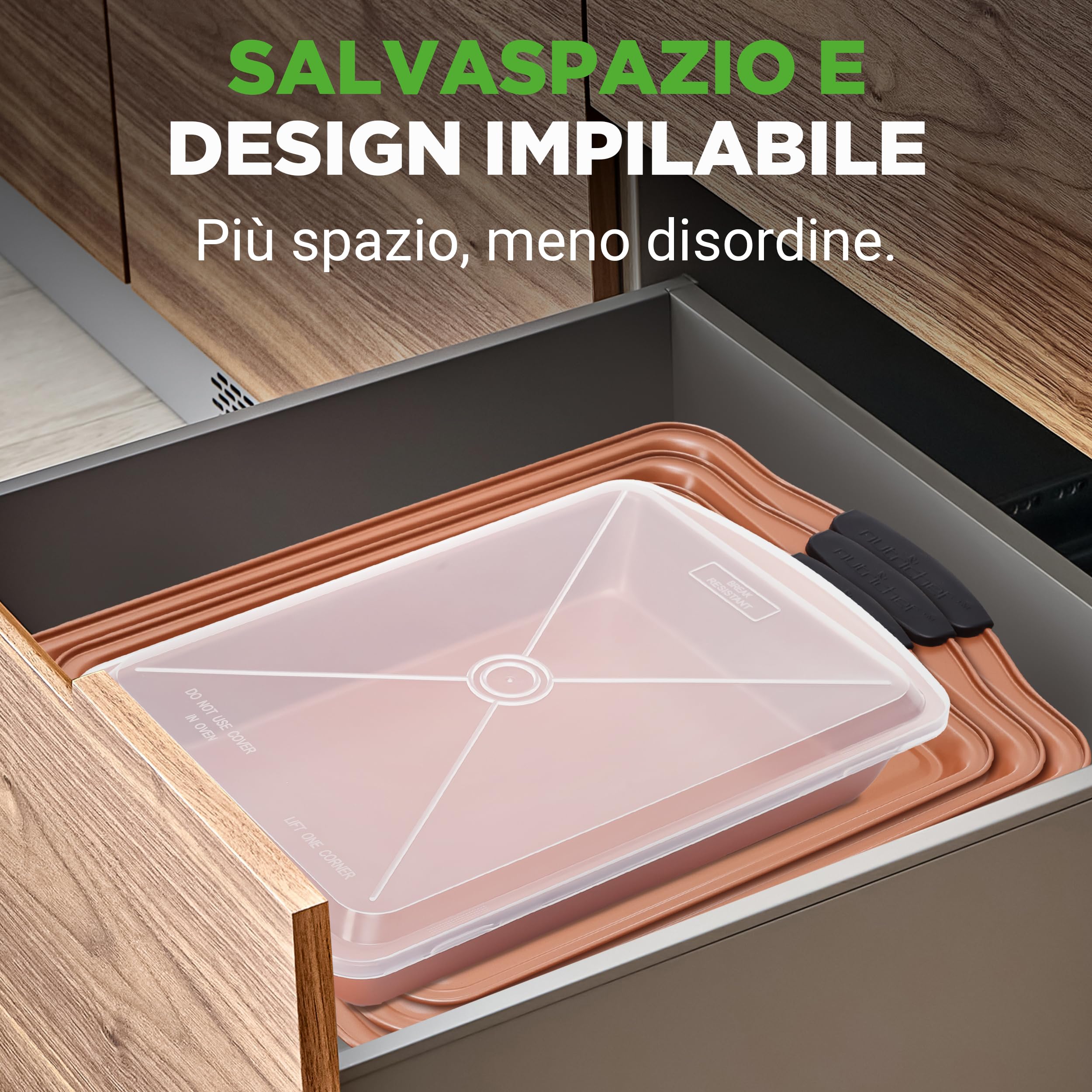 NutriChef Set 5 Teglie da Forno Antiaderente, Biscotti Impilabili, Teglia Arrosto Coperchio, Maniglie Silicone, Facili da Pulire, Rame