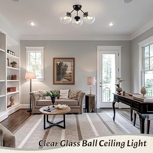 Miniatura 9 de Lámpara de techo semiempotrada moderna de mediados de siglo, 3 luces, globo de cristal ópalo y negro mate, regulable, certificado UL, para