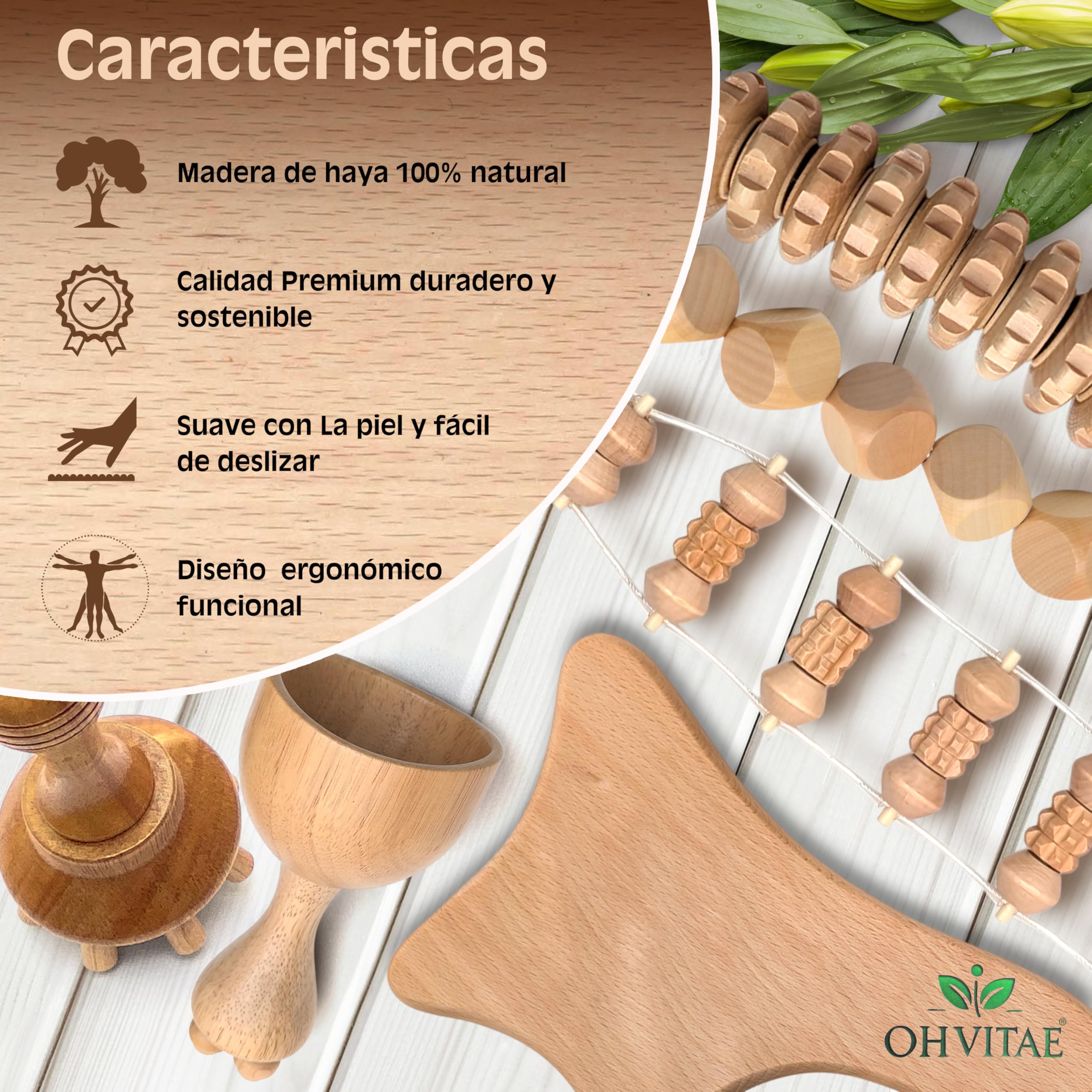 kit maderoterapia corporal profesional con 6 herramientas bolsa de transporte y guía QR. Tratamiento completo de maderoterapia corporal celulitis para masaje reductor y tonificación natural